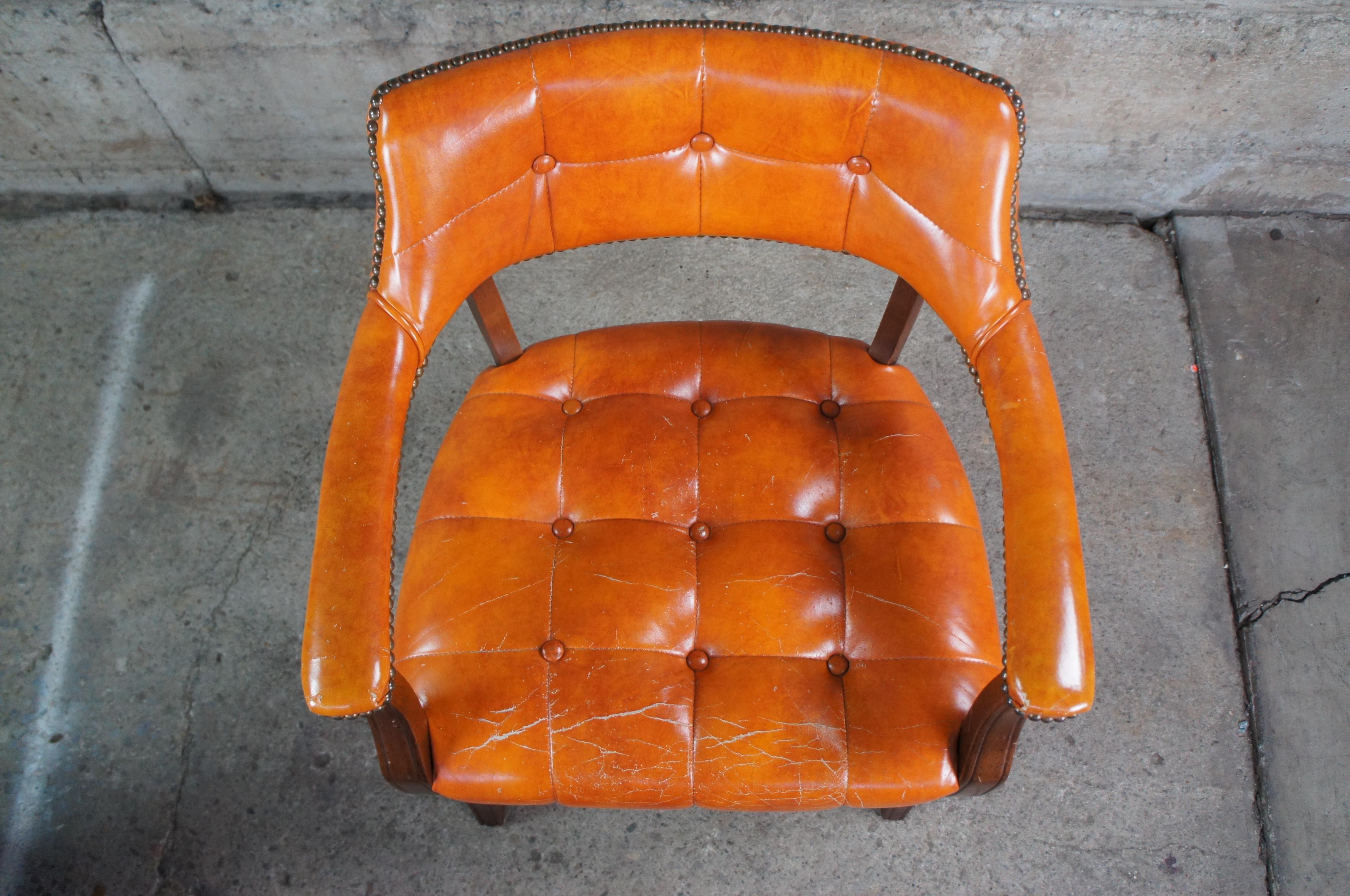 Hardwood 2 Mid Century Orange Barrel Back Tufted Nailhead Club Library Lawyer Arm Chairs