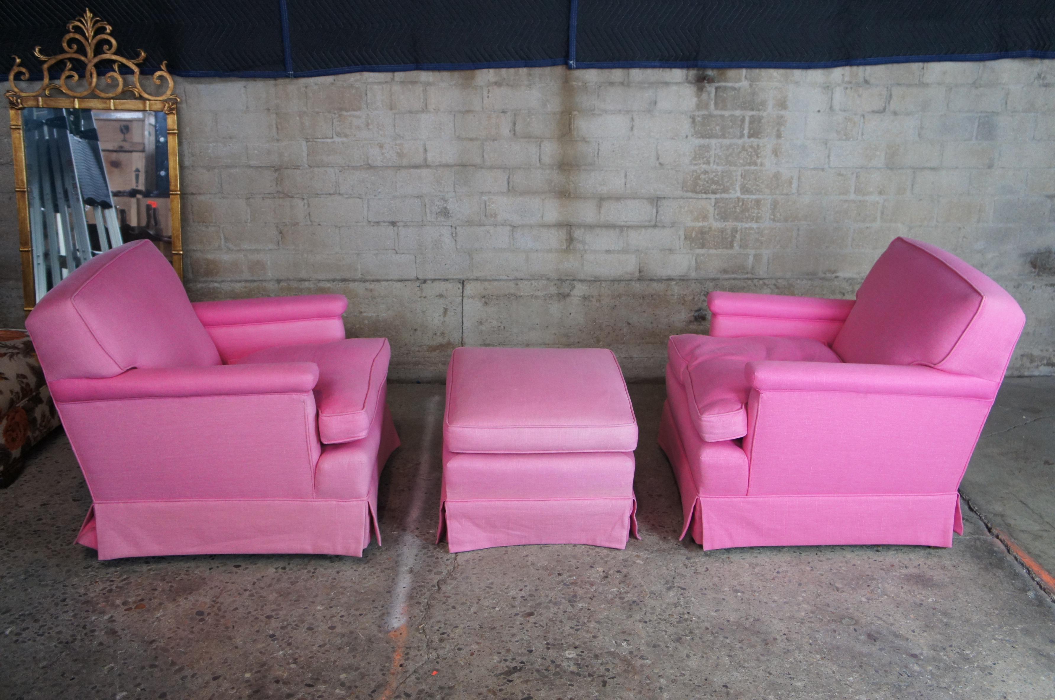 2 Mid Century Pink Chairs & Ottoman Walnut Library Reading Lounge Set Chic 2
