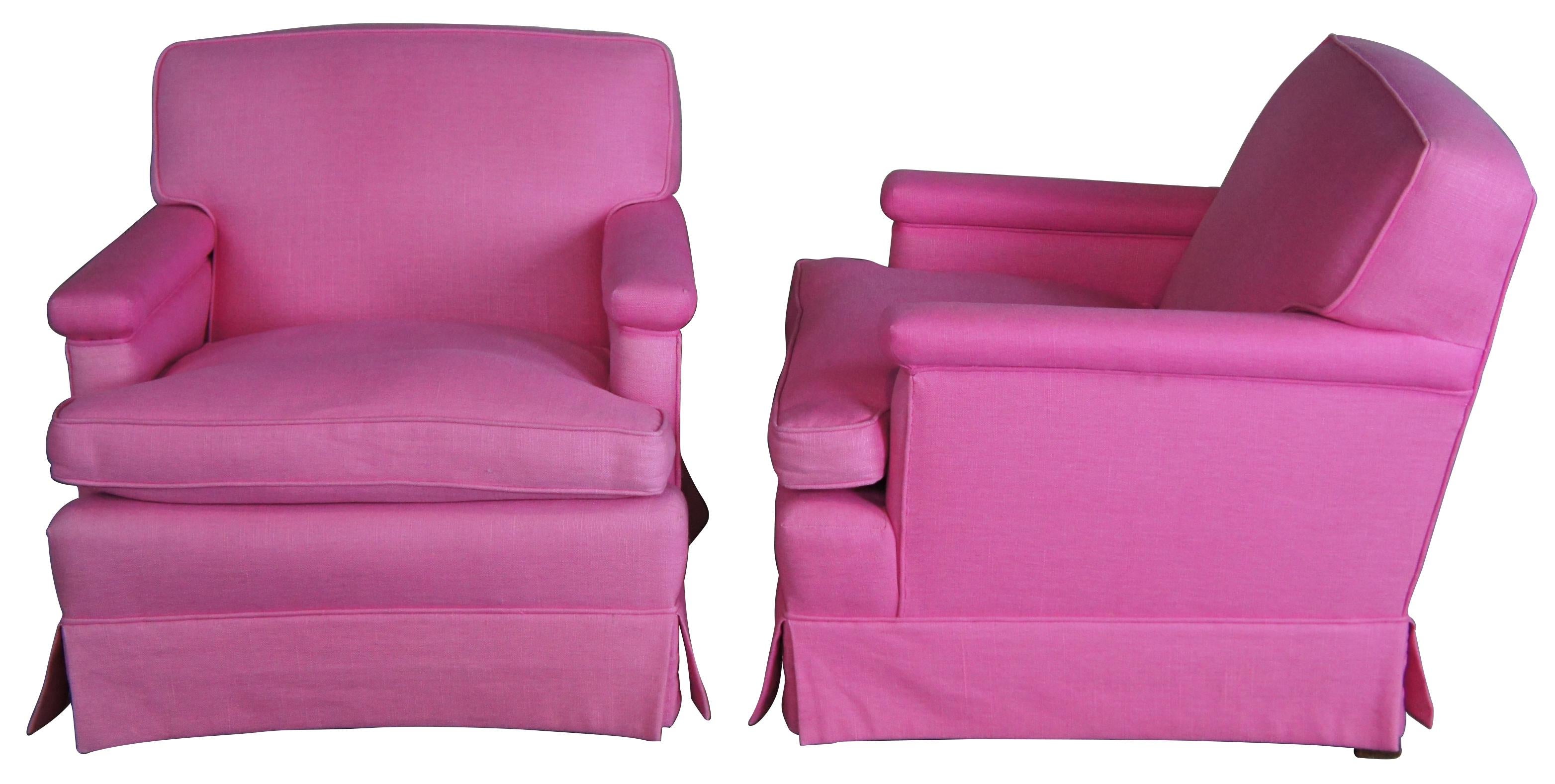Traditional pair of pink upholstered chairs and ottoman. Circa 1970s. Square form with lounging back over walnut legs. 

Chairs - 30' L x 34