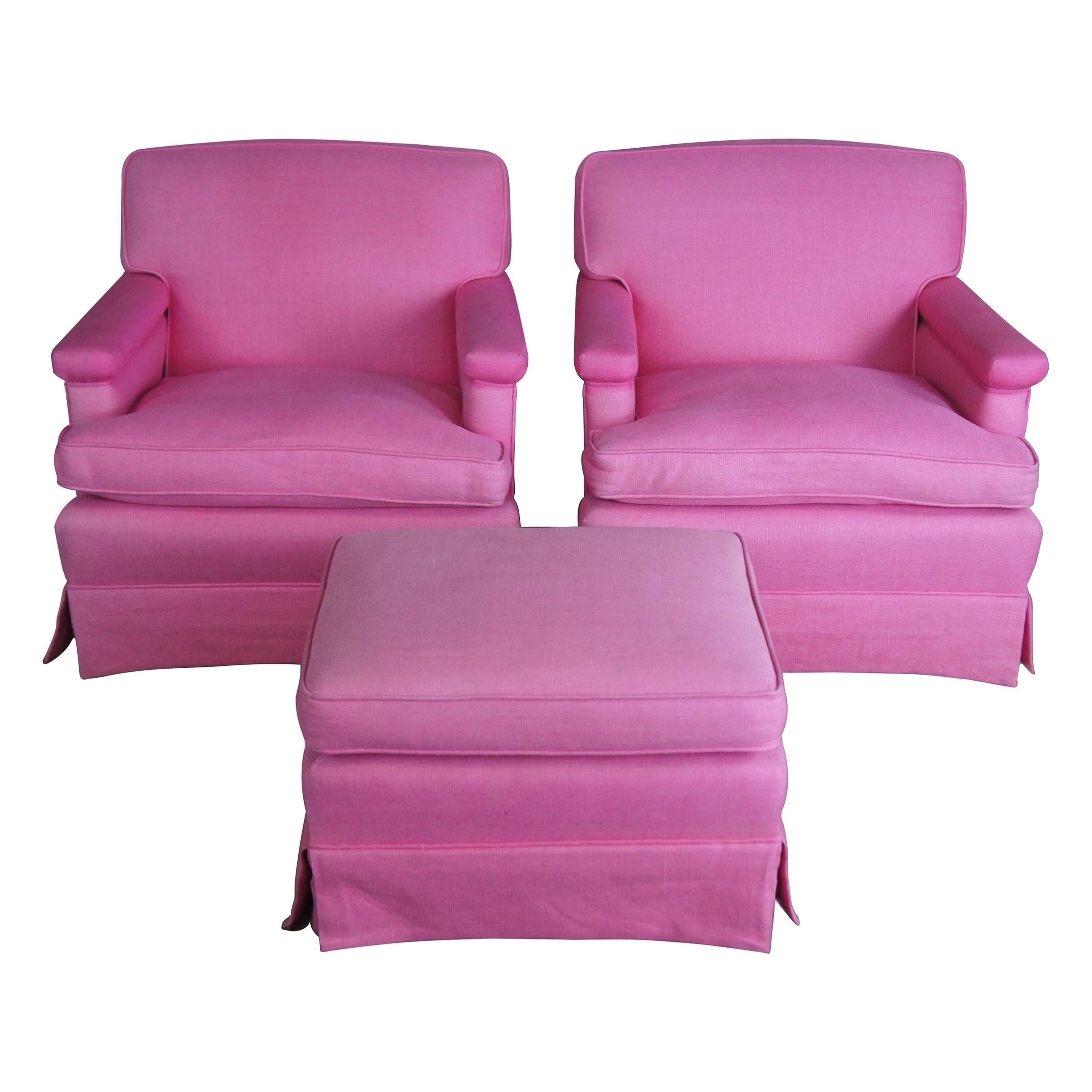 2 Mid Century Pink Chairs 
Ottoman Walnut Library Reading Lounge Set Chic