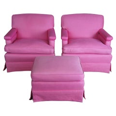 2 Mid Century Pink Chairs & Ottoman Walnut Library Reading Lounge Set Chic