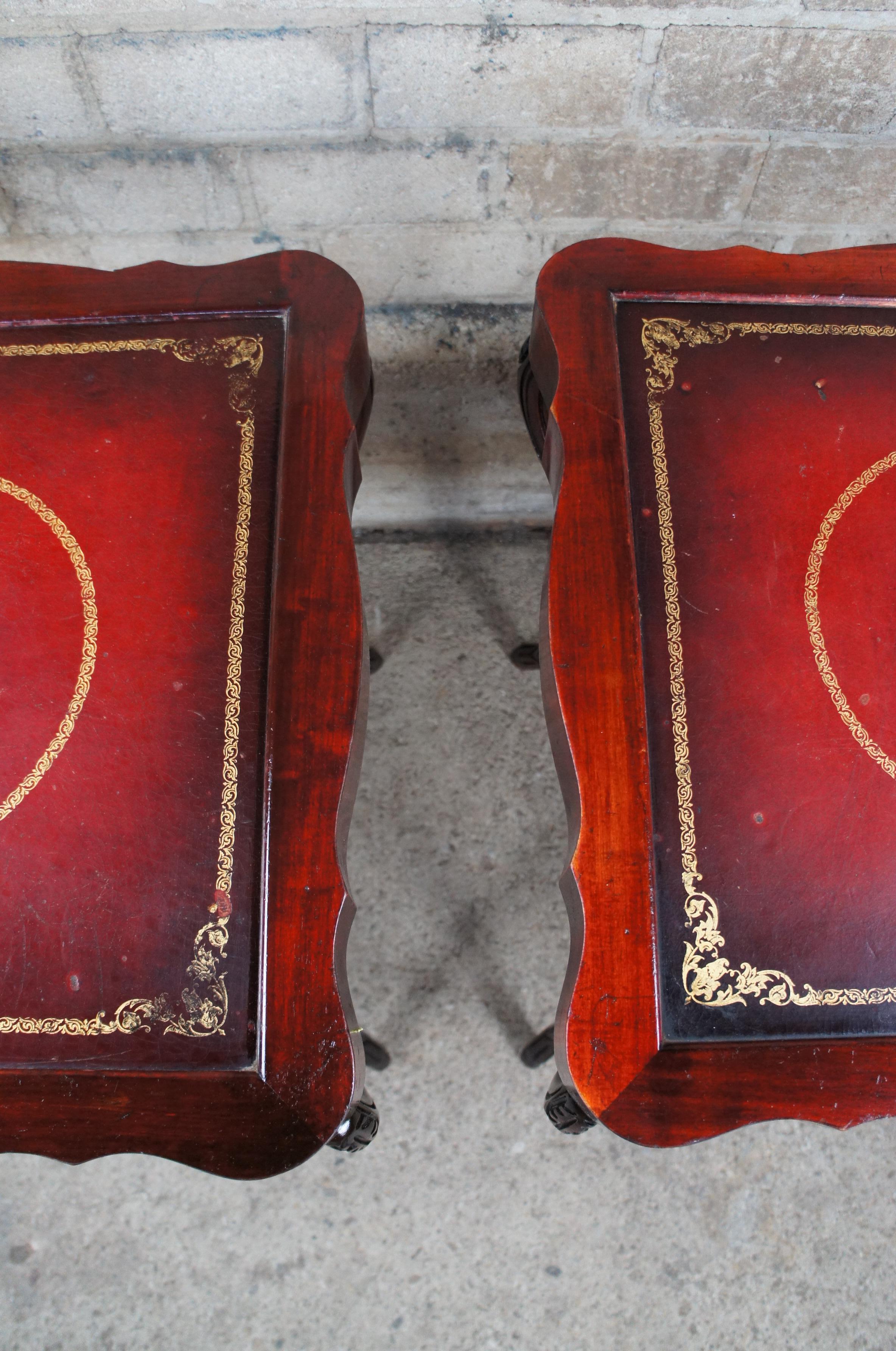 2 Mid Century Regency Style Serpentine Mahogany Tiered Leather Top Accent Tables 6