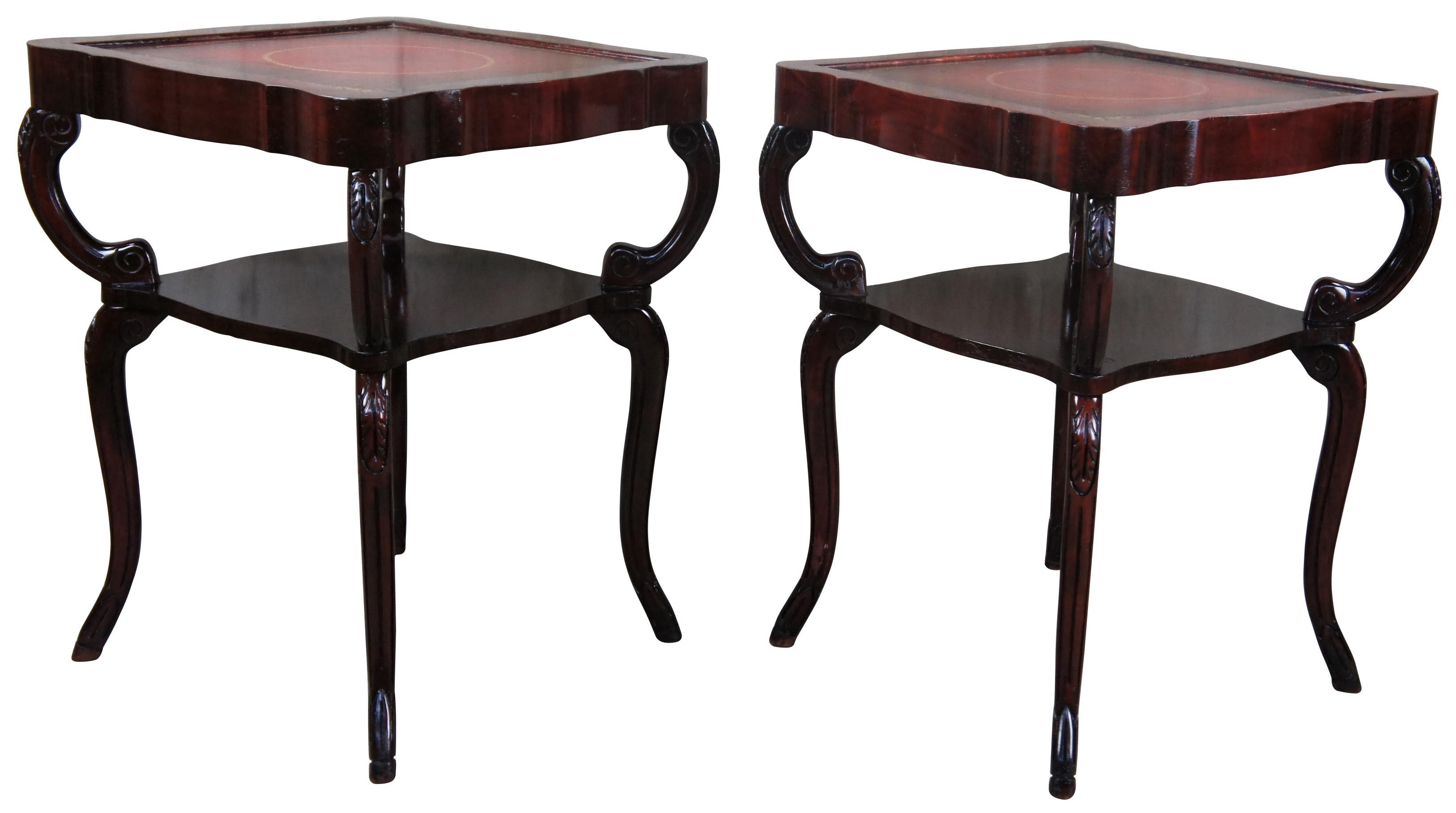 2 Mid Century Regency Style Serpentine Mahogany Tiered Leather Top Accent Tables In Good Condition In Dayton, OH