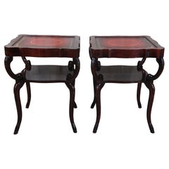 2 Mid Century Regency Style Serpentine Mahogany Tiered Leather Top Accent Tables