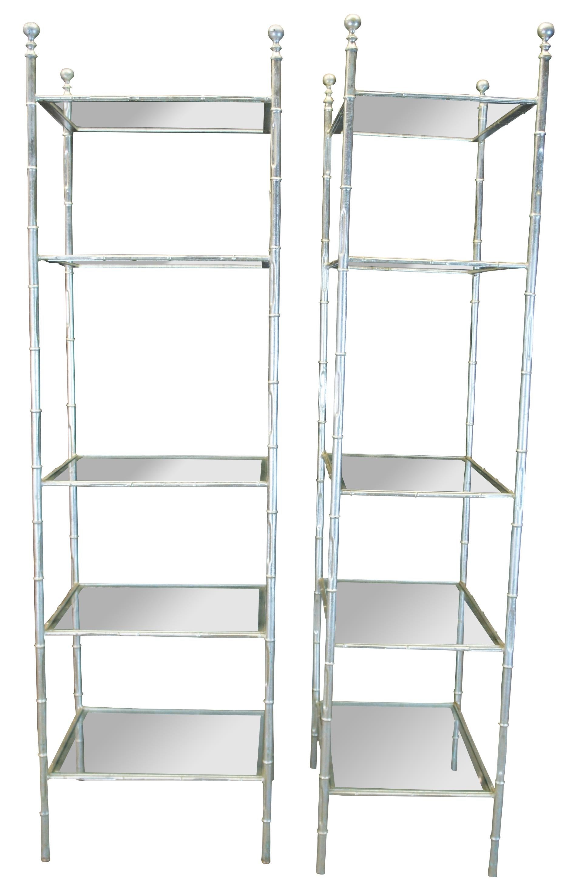 2 Vintage silver leaf metal etagere in faux bamboo modern design with glass shelves and ball finials. 
 