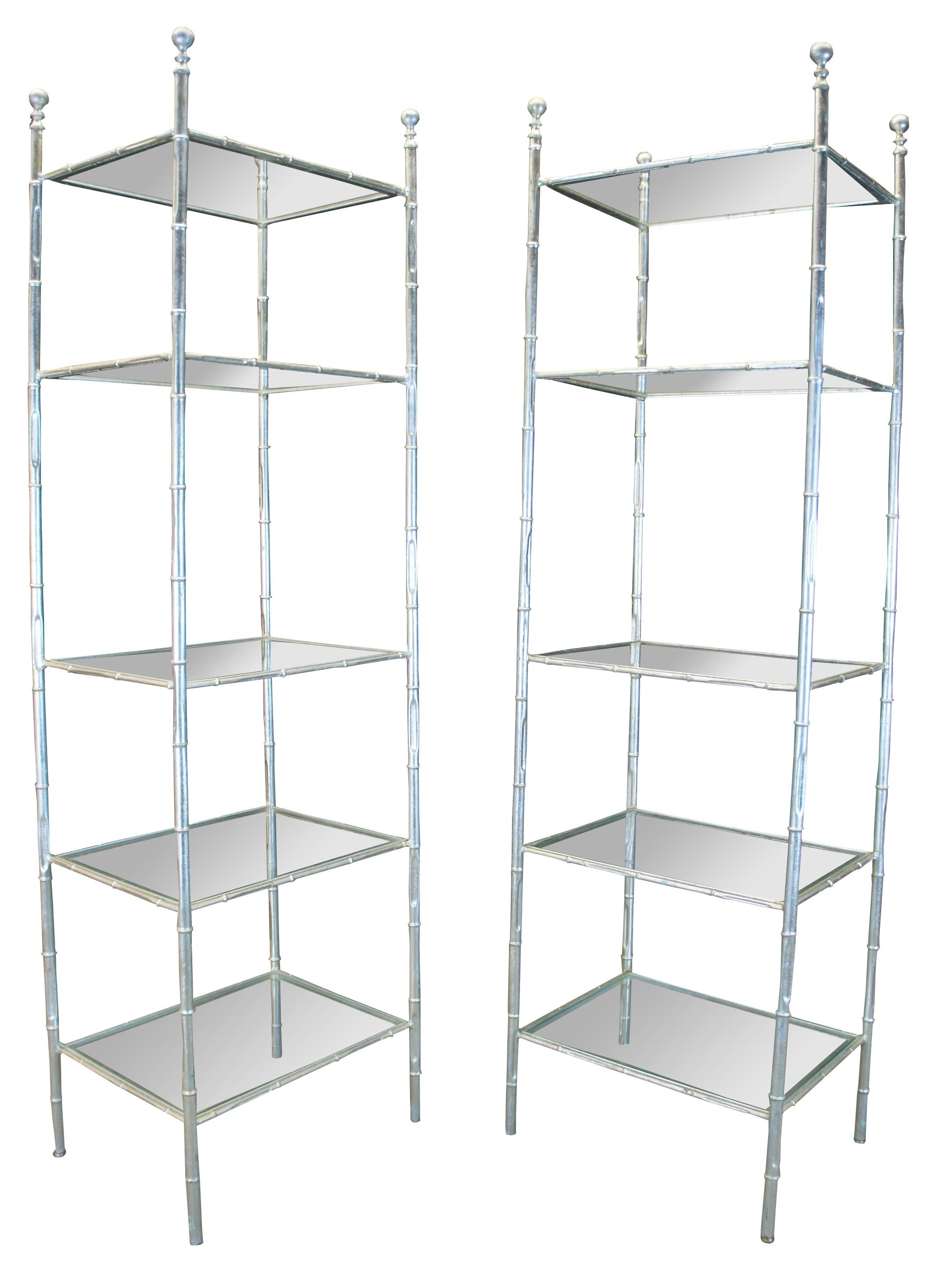 2 Mid Century Silver Leaf Faux Bamboo Metal Etageres Bookcase Hollywood Regency In Good Condition In Dayton, OH