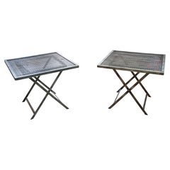 2 Mid Century Square Wrought Iron Mesh Folding Campaign Garden Patio Tray Tables