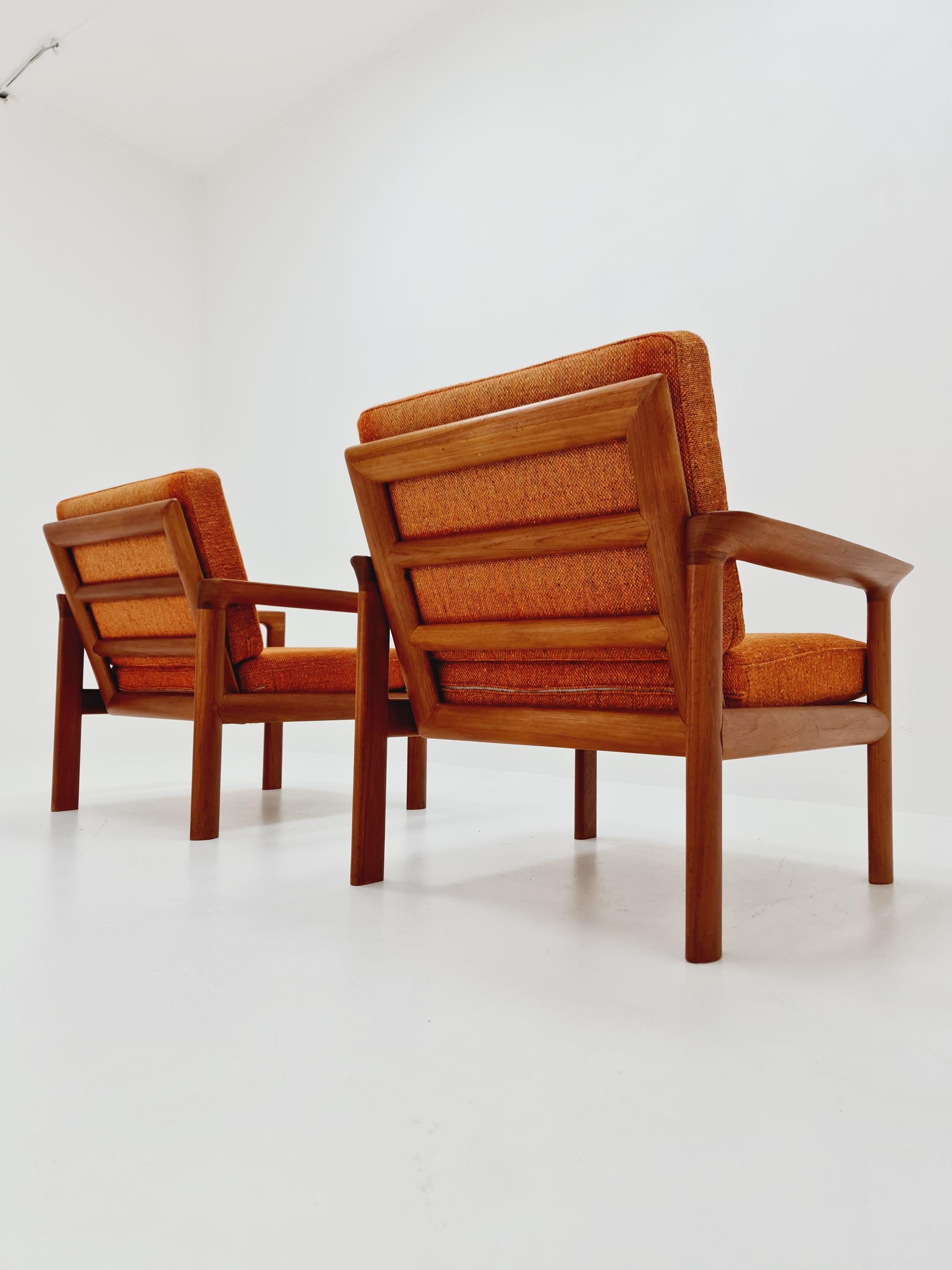 Fabric 2 Mid century teak easy lounge / arm chairs by Sven Ellekaer for Komfort For Sale