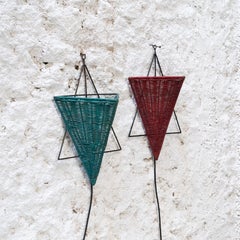 2 Mid Century Wall Sconces in Iron and Rattan (1960)