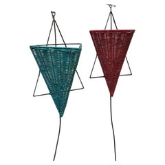 2 Mid Century Wall Sconces in Iron and Rattan (1960)