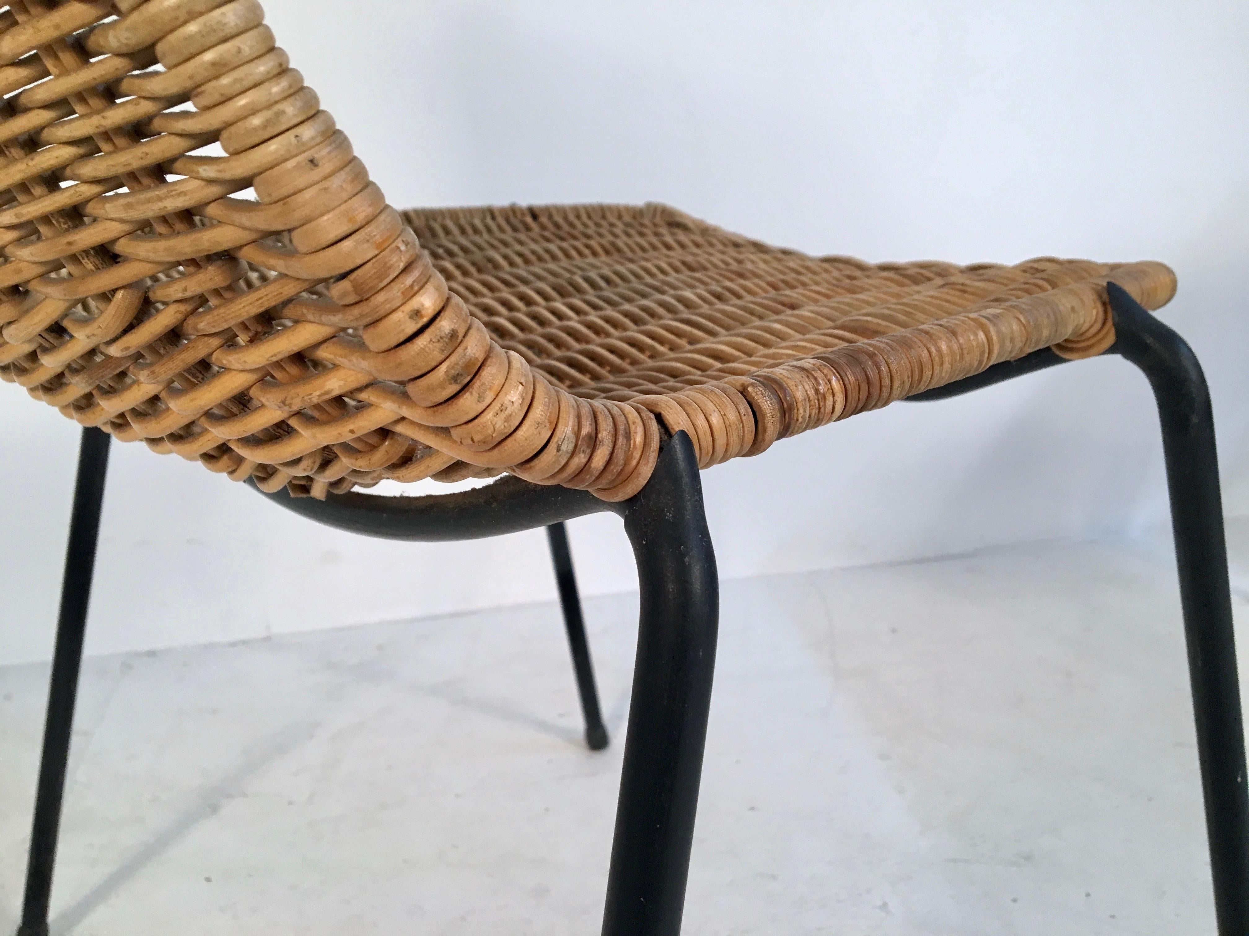 Rattan 2 Midcentury Wicker Chairs by Campo & Graffi for Home Torino, Italy, circa 1950 For Sale