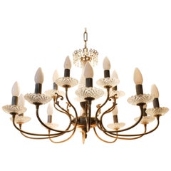 2 Midcentury Belgian Boulanger Brass and Etched Glass Chandeliers