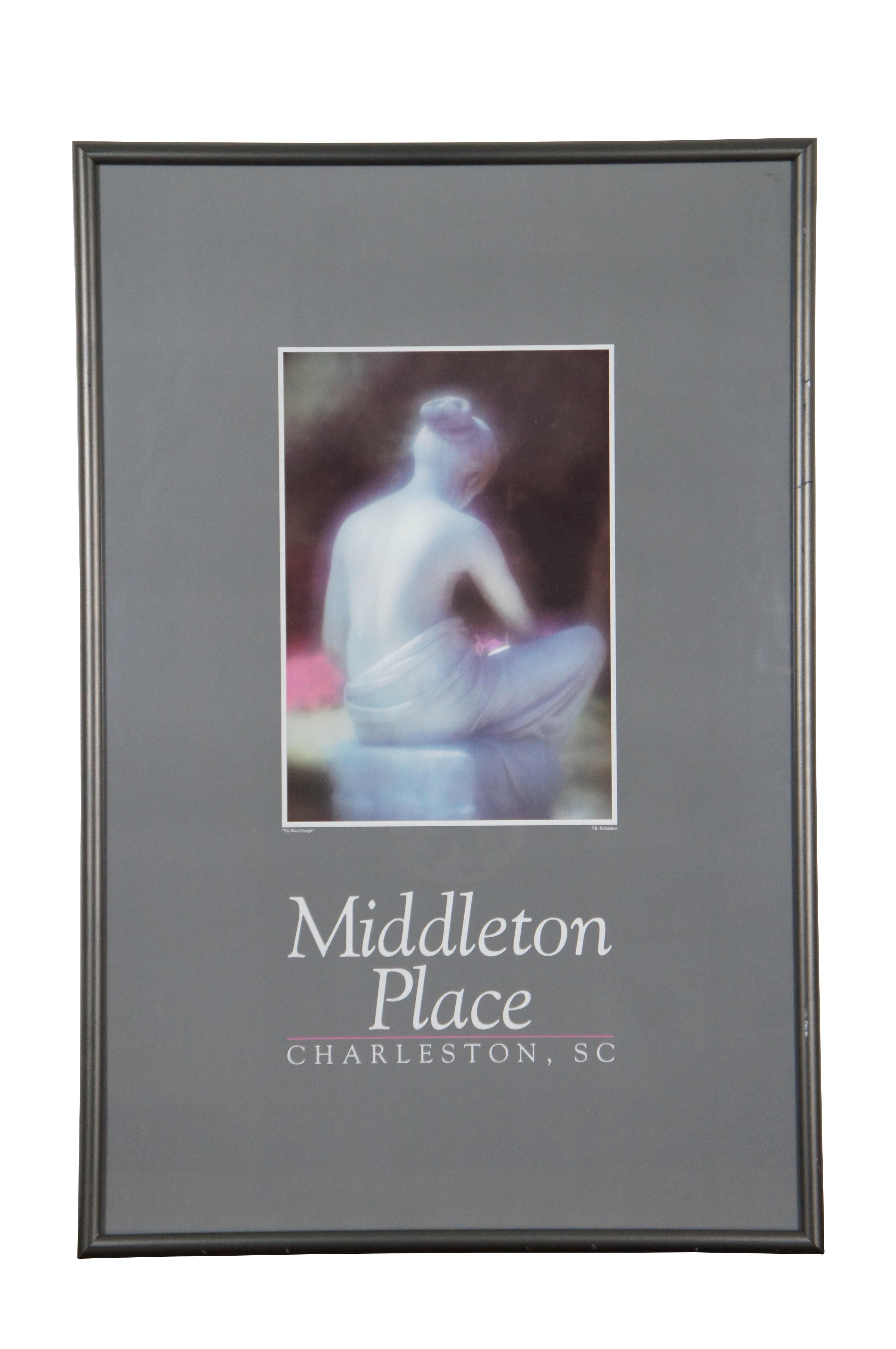 Set of two pieces of art portraying a statue of a Wood Nymph from the gardens of Middleton Place of Charleston, South Carolina. One is a poster advertising the location featuring a photograph by T.R. Richardson. The other is a lithograph print of a