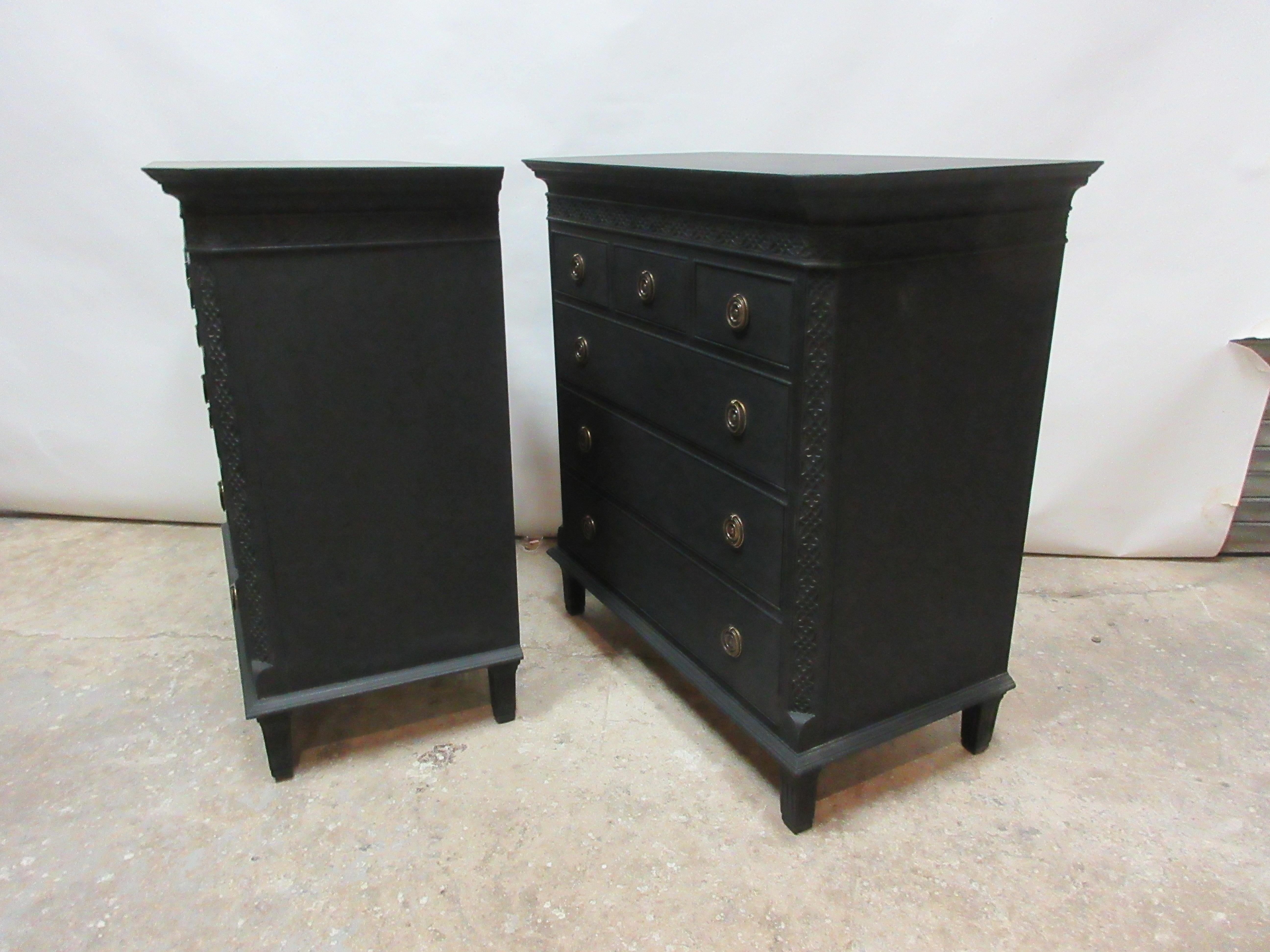 2 Midnight Black Gustavian Style Chest In Distressed Condition In Hollywood, FL