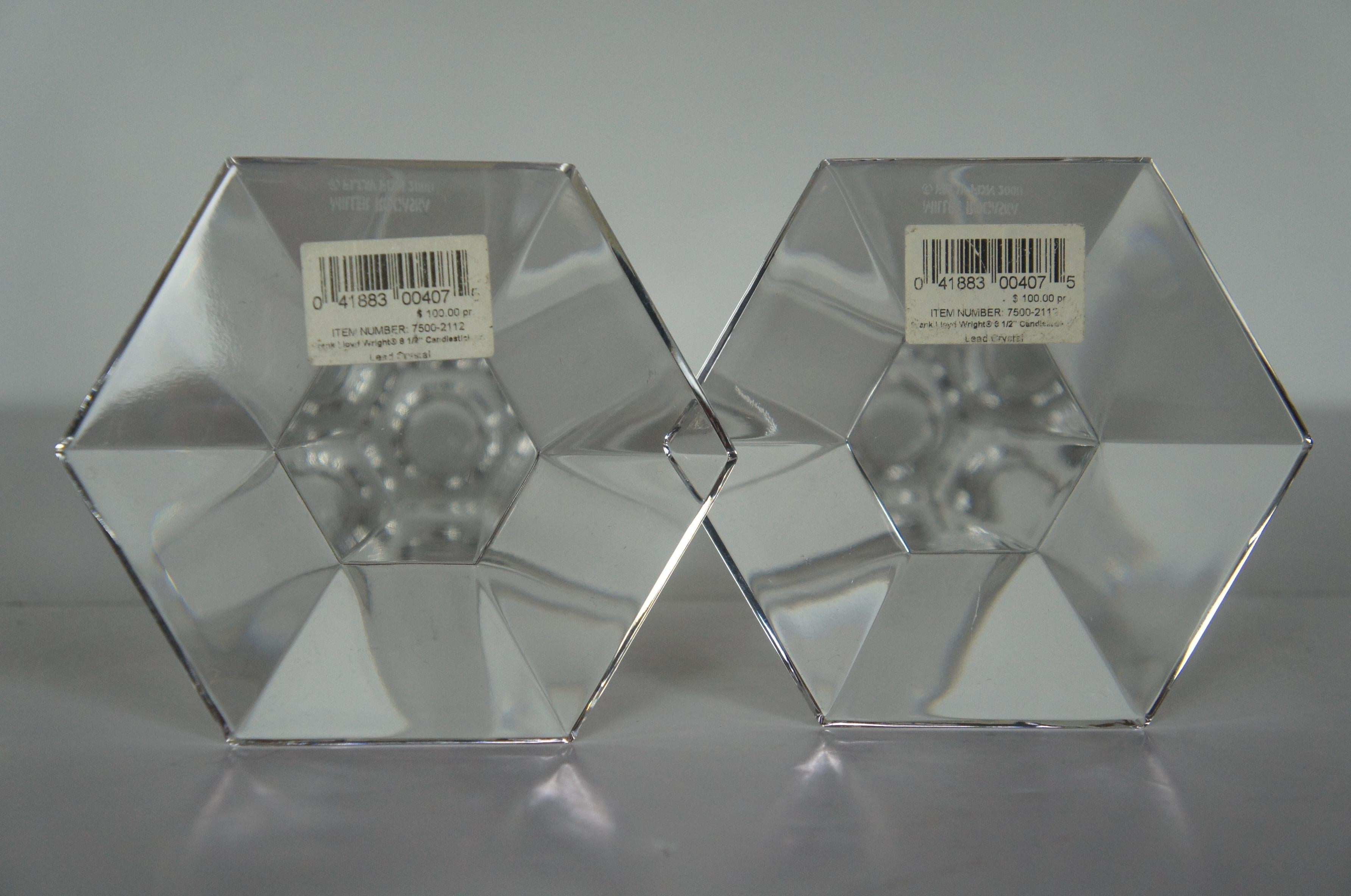 2 Miller Rogaska Frank Lloyd Wright Crystal Hexagon Candlesticks Modern Pair 1