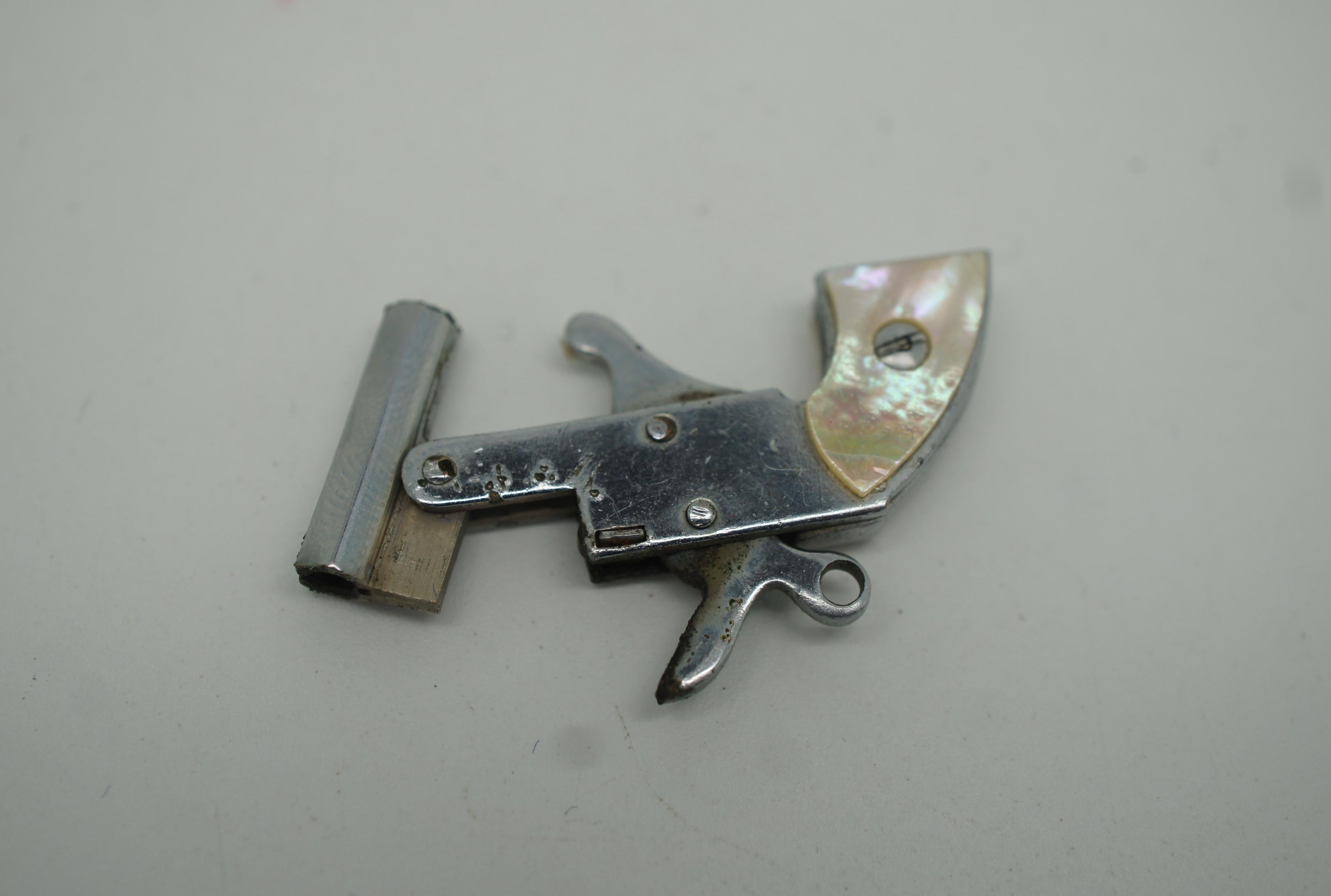 2 Miniature Mother of Pearl Toy Pin Fire Cap Gun Pistol Keychain Japan Watch Fob 1