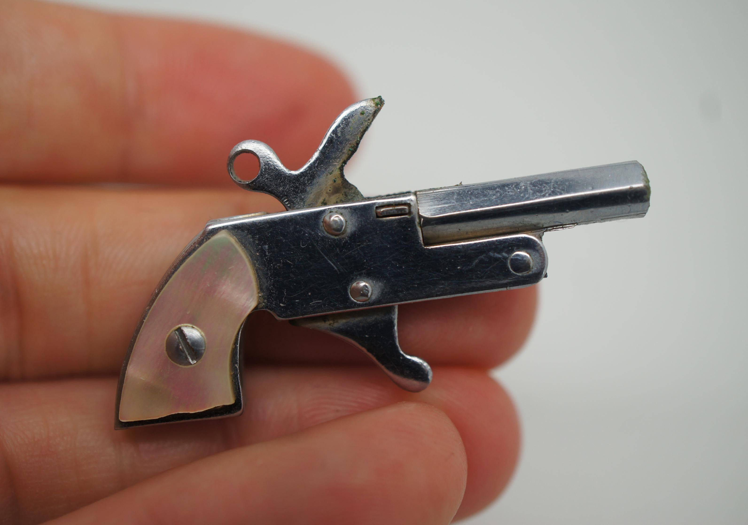 Metal 2 Miniature Mother of Pearl Toy Pin Fire Cap Gun Pistol Keychain Japan Watch Fob