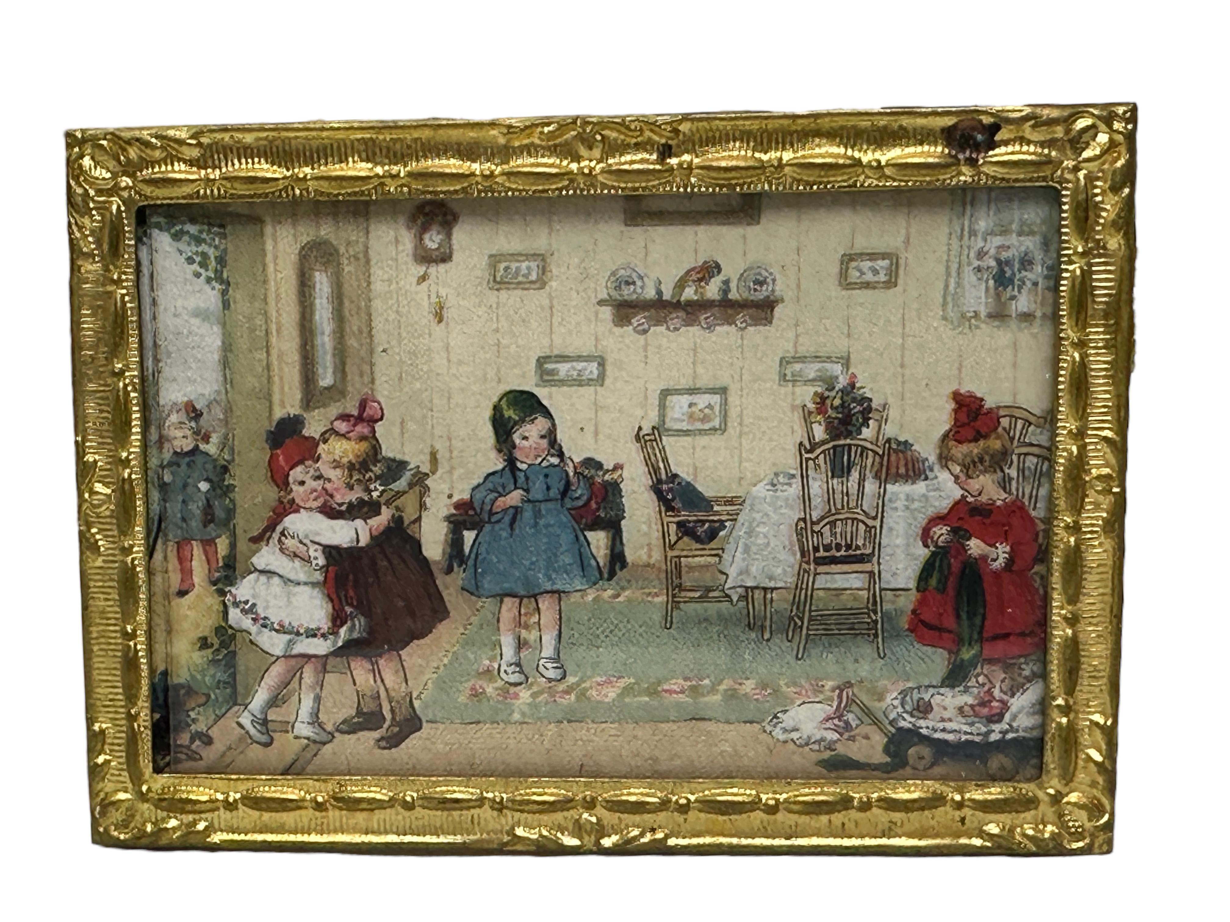 This rare Set of two Pictures framed in Gold plated ormulu frames is a must-have for Dollhouse and Doll collectors and enthusiasts alike. With its beautiful intricate design, it is suitable for any room and adds a touch of elegance to your