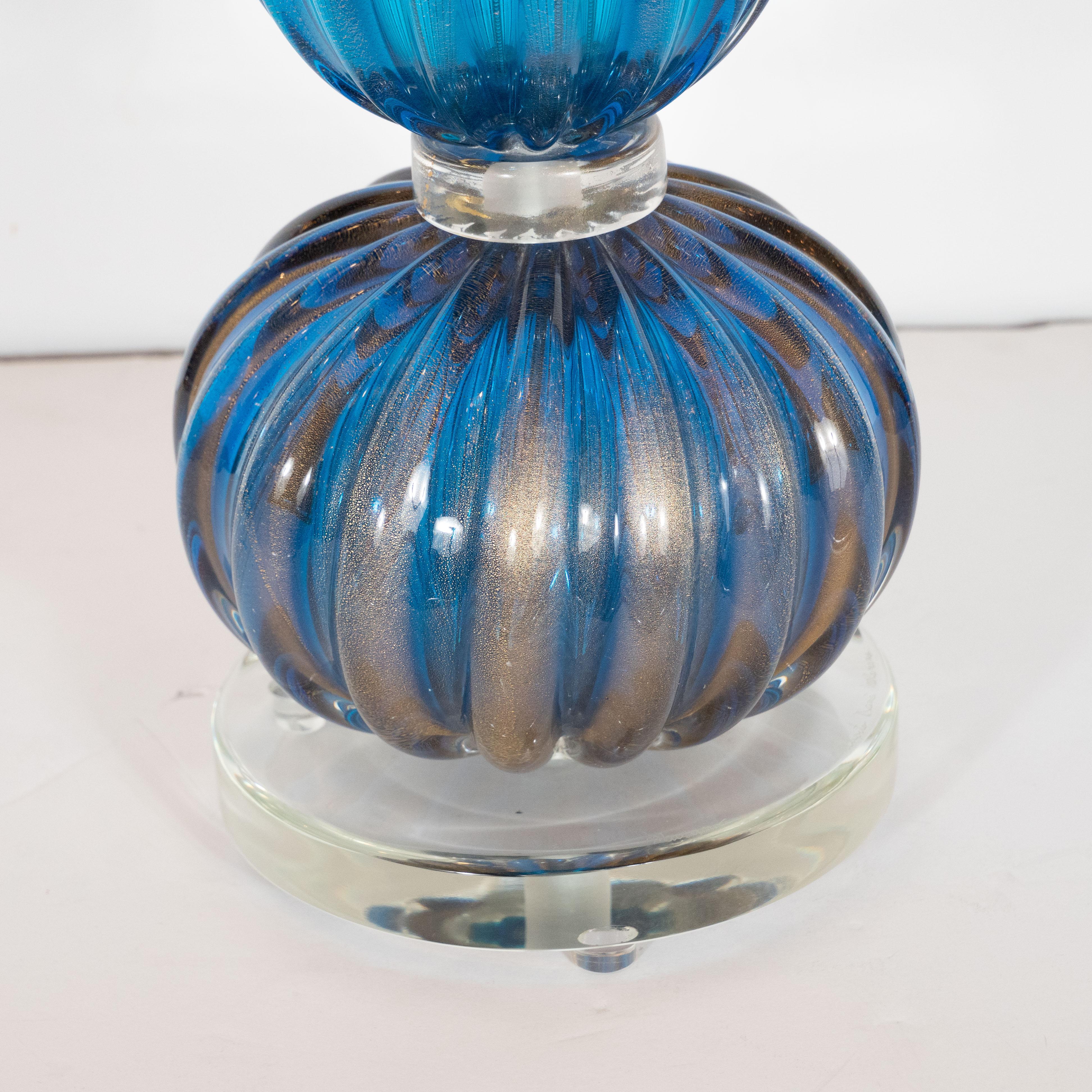Italian 2 Modern Handblown Murano Royal Blue Glass Table Lamps with 24kt Gold Flecks