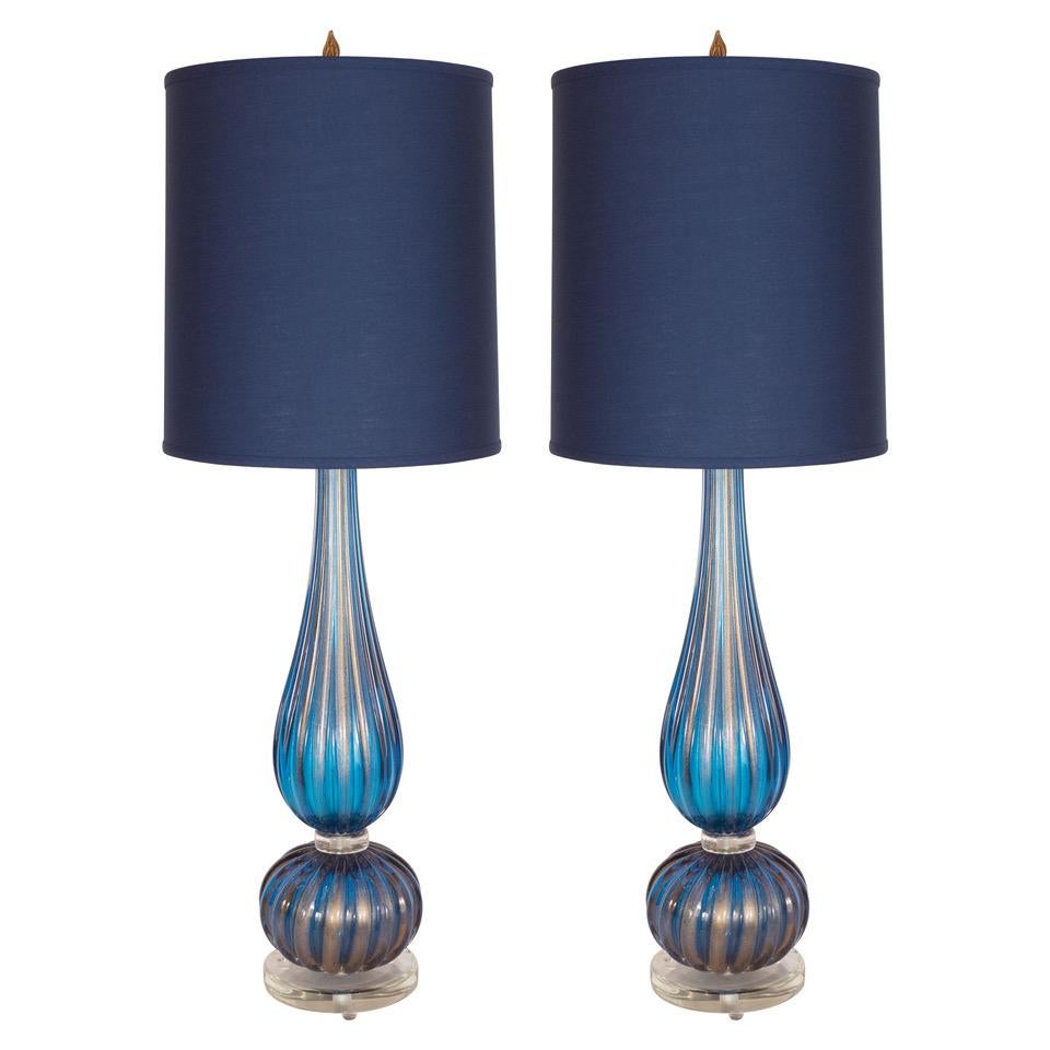 2 Modern Handblown Murano Royal Blue Glass Table Lamps with 24kt Gold Flecks