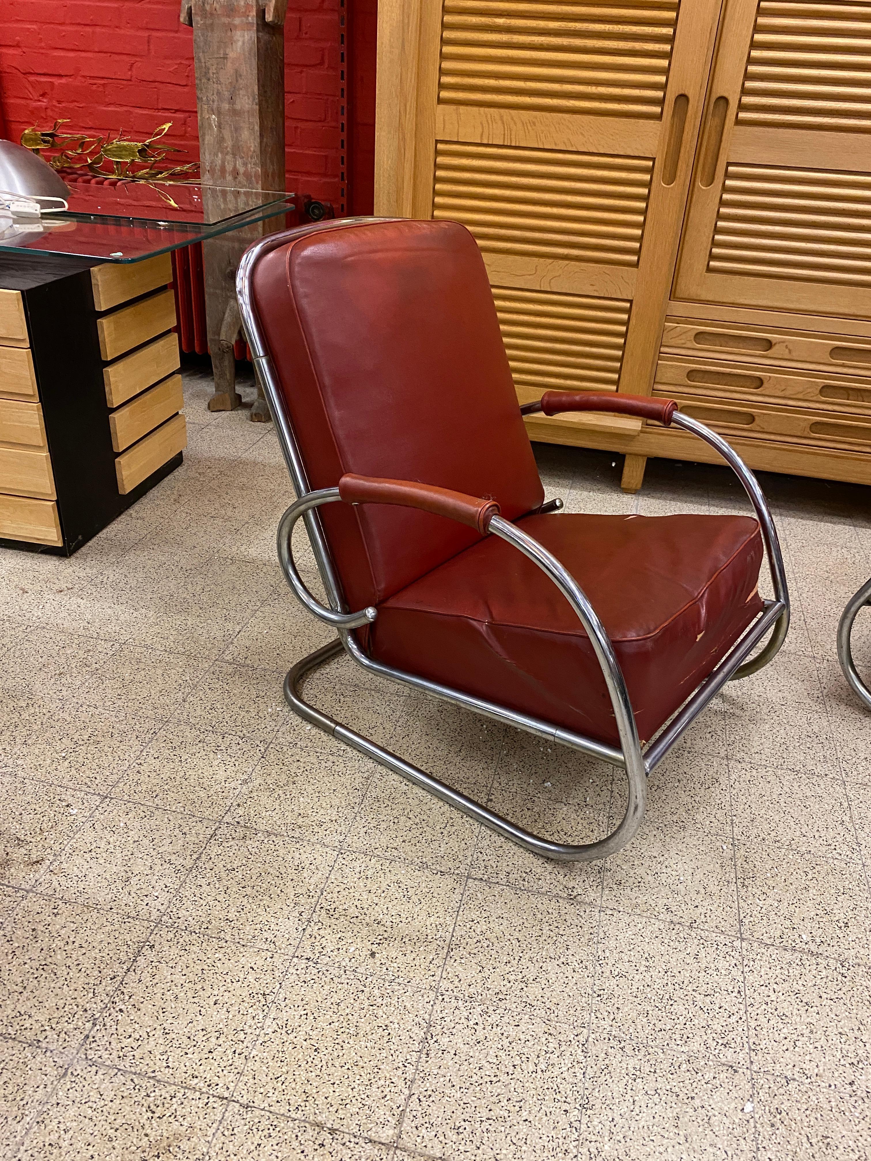 2 Modernist Art Deco Armchairs in Chromed Metal and Faux Leather circa 1920-1930 For Sale 3