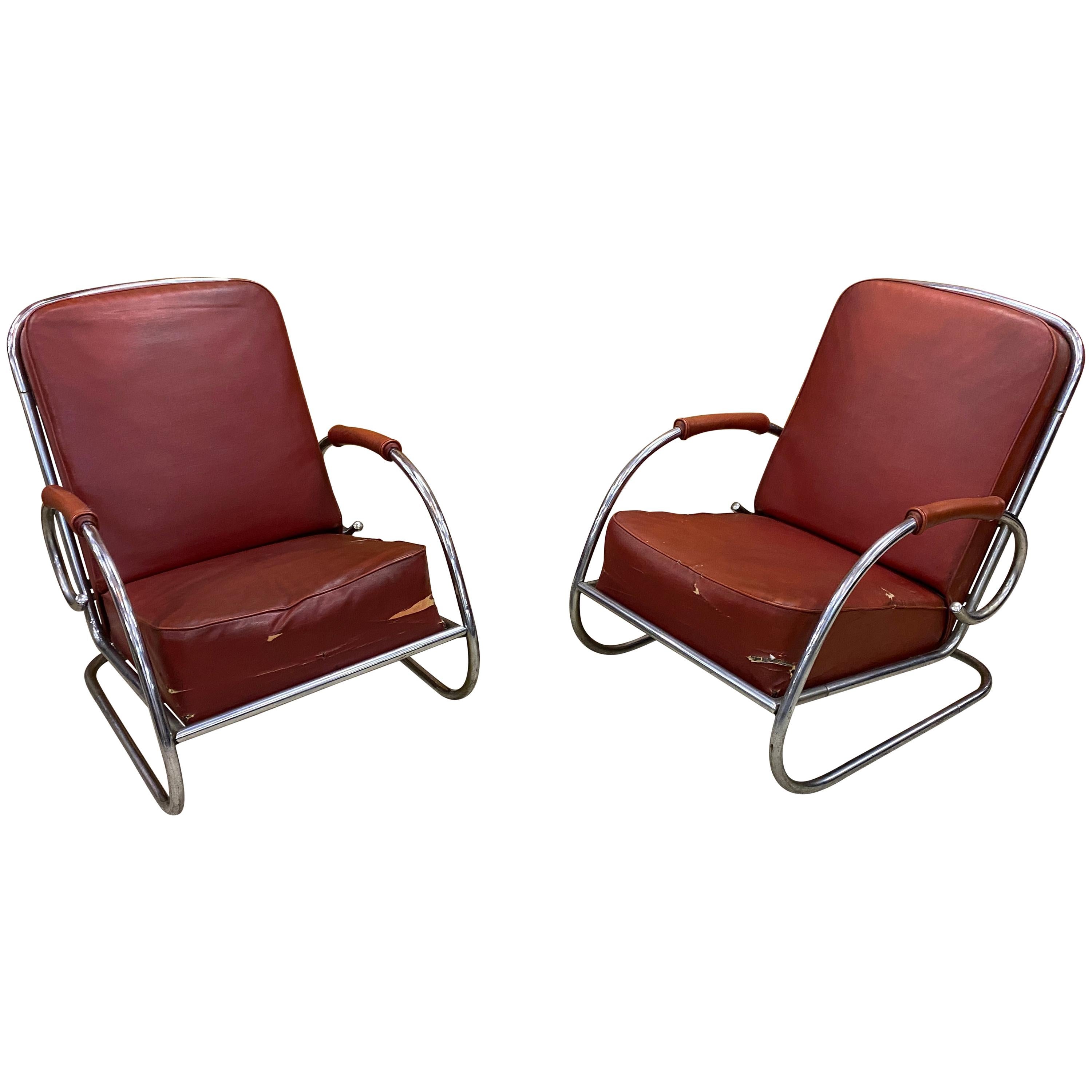2 Modernist Art Deco Armchairs in Chromed Metal and Faux Leather circa 1920-1930 For Sale