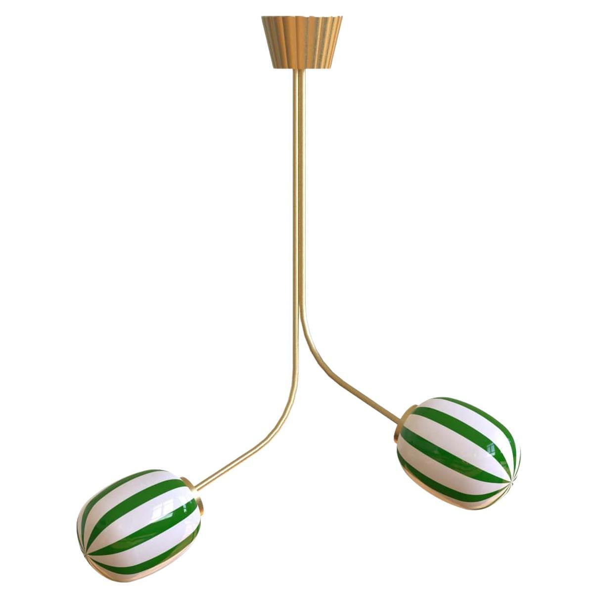 2 Module Green and White Bullseye Chandelier with Blown Glass and Brass For Sale