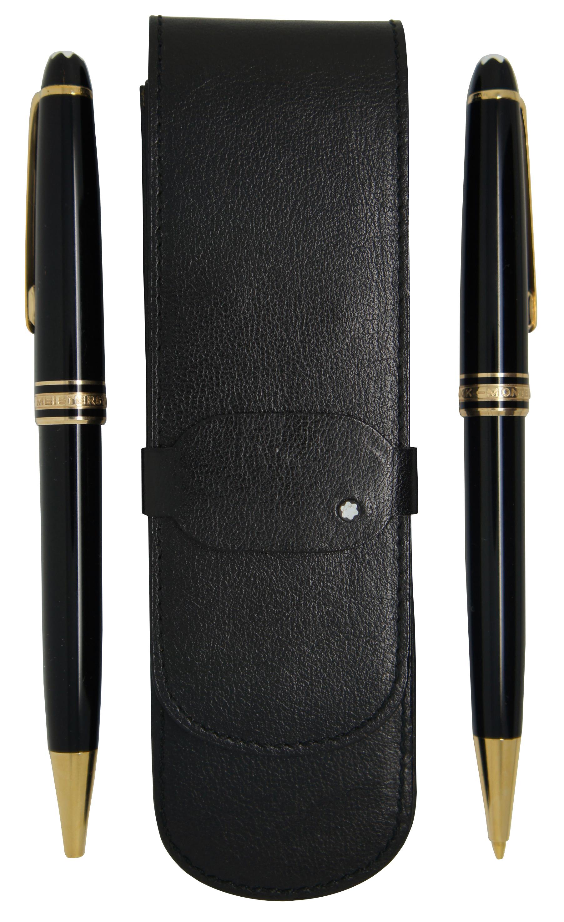 Vintage Montblanc Meisterstuck black ballpoint pen and mechanical pencil set with black leather two slot carrying case/pouch.

Measures: Case - 5.75” x 1.75” x 0.75” / Pen - 5.5” x 0.5” / Pencil - 5.5” x 0.5” (Length x Width x Depth).