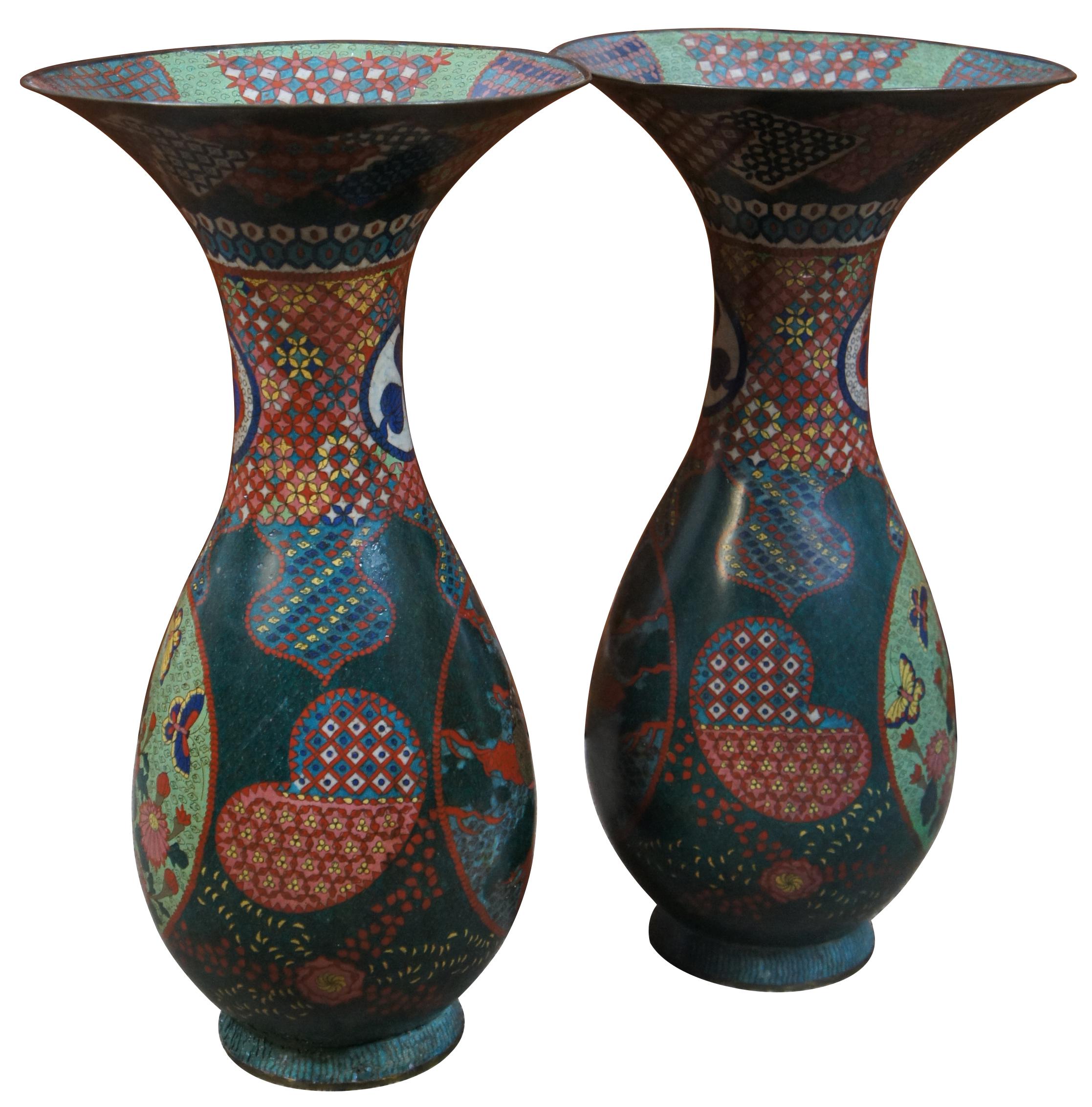 Japonisme 2 Monumenal Kaji Tsunekichi Antique Japanese Cloisonne Vases Mantel Urn Pair For Sale