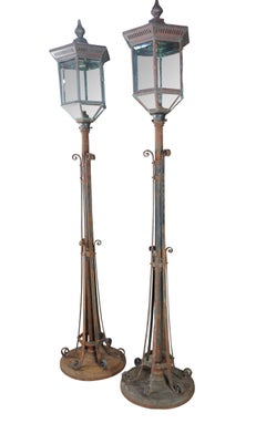 2 Monumental Antique Wrought Iron Street Lanterns Copper & Glass Post Lights 10'