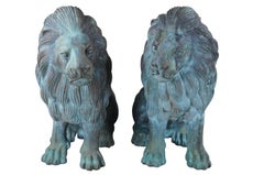2 Monumental Cast Bronze Verdigris Outdoor Lion Statues Entry Guardians Pair 44"