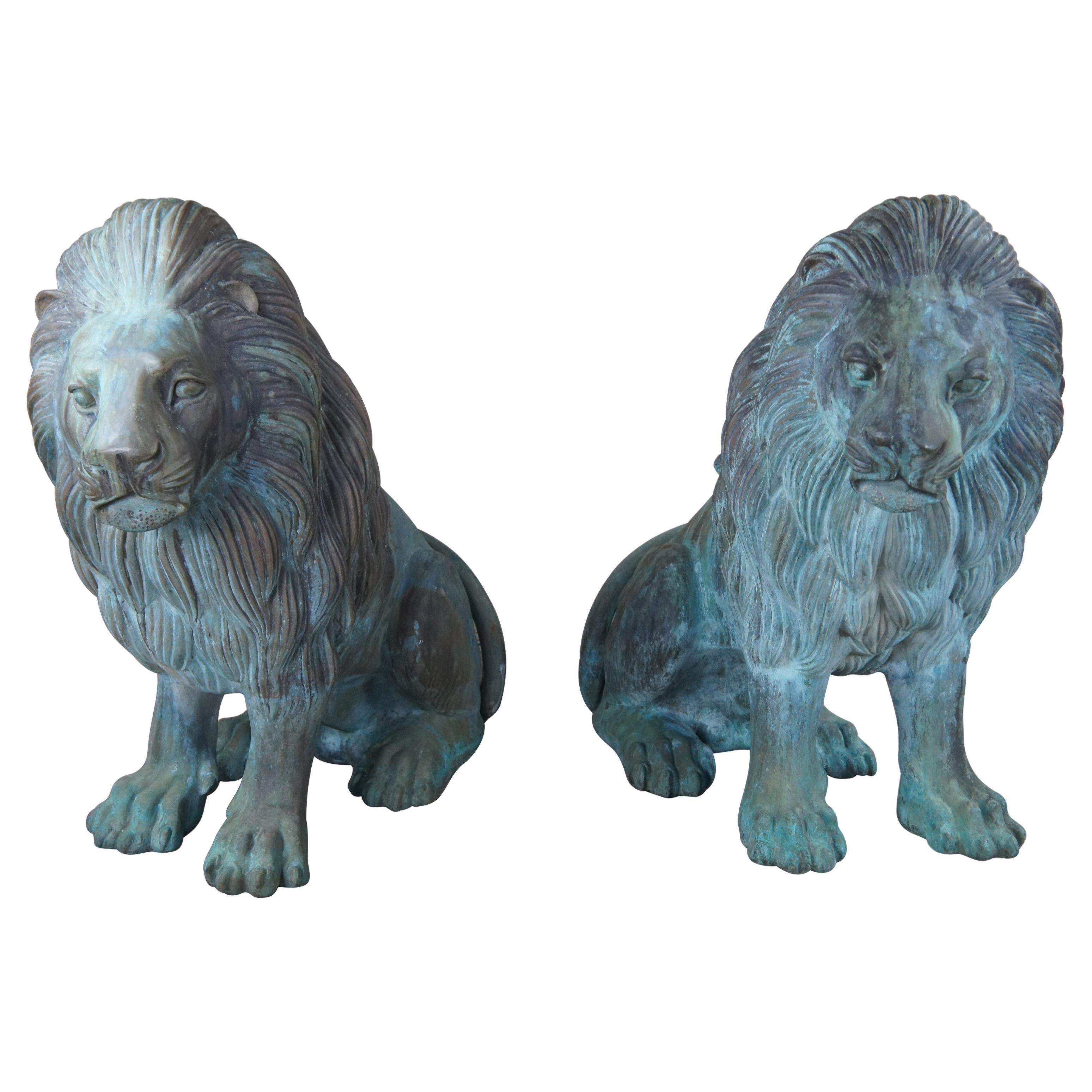 2 Monumental Cast Bronze Verdigris Outdoor Lion Statues Entry Guardians Pair 44" For Sale