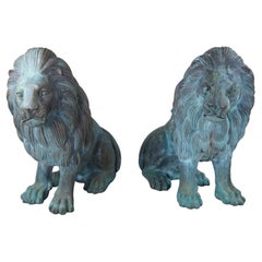 Used 2 Monumental Cast Bronze Verdigris Outdoor Lion Statues Entry Guardians Pair 44"