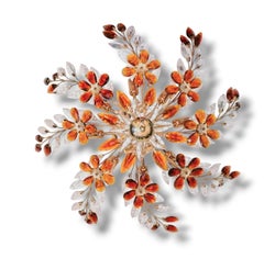 2 Monumental French Gilt Flush Mount Maison Baguès w Amber Clear Crystal Flowers