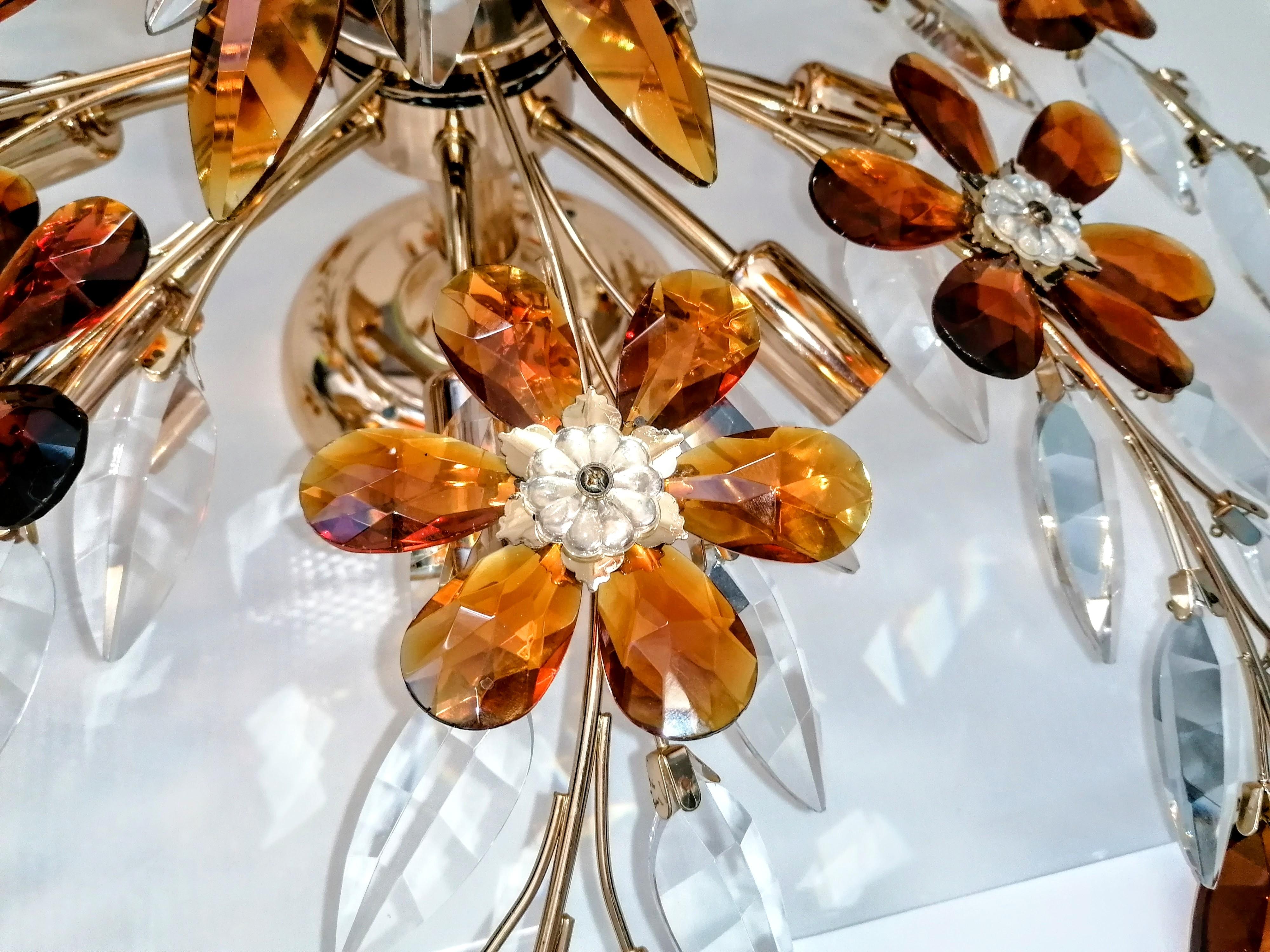 Laiton 2 Monumental Maison Baguès avec fleurs en cristal clair ambré en vente