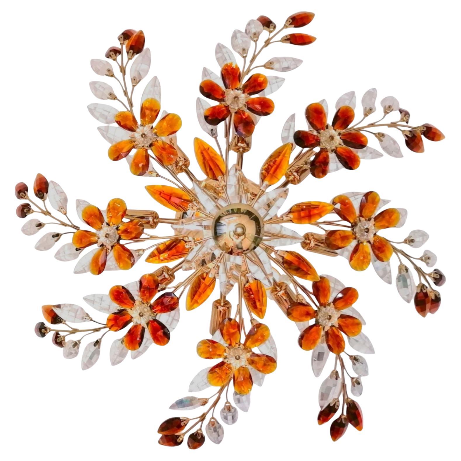 2 Monumental French Gilt Flush Mount Maison Baguès w Amber Clear Crystal Flowers