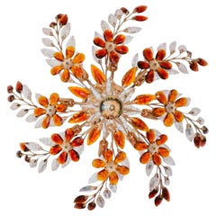 2 Monumental French Gilt Flush Mount Maison Baguès w Amber Clear Crystal Flowers