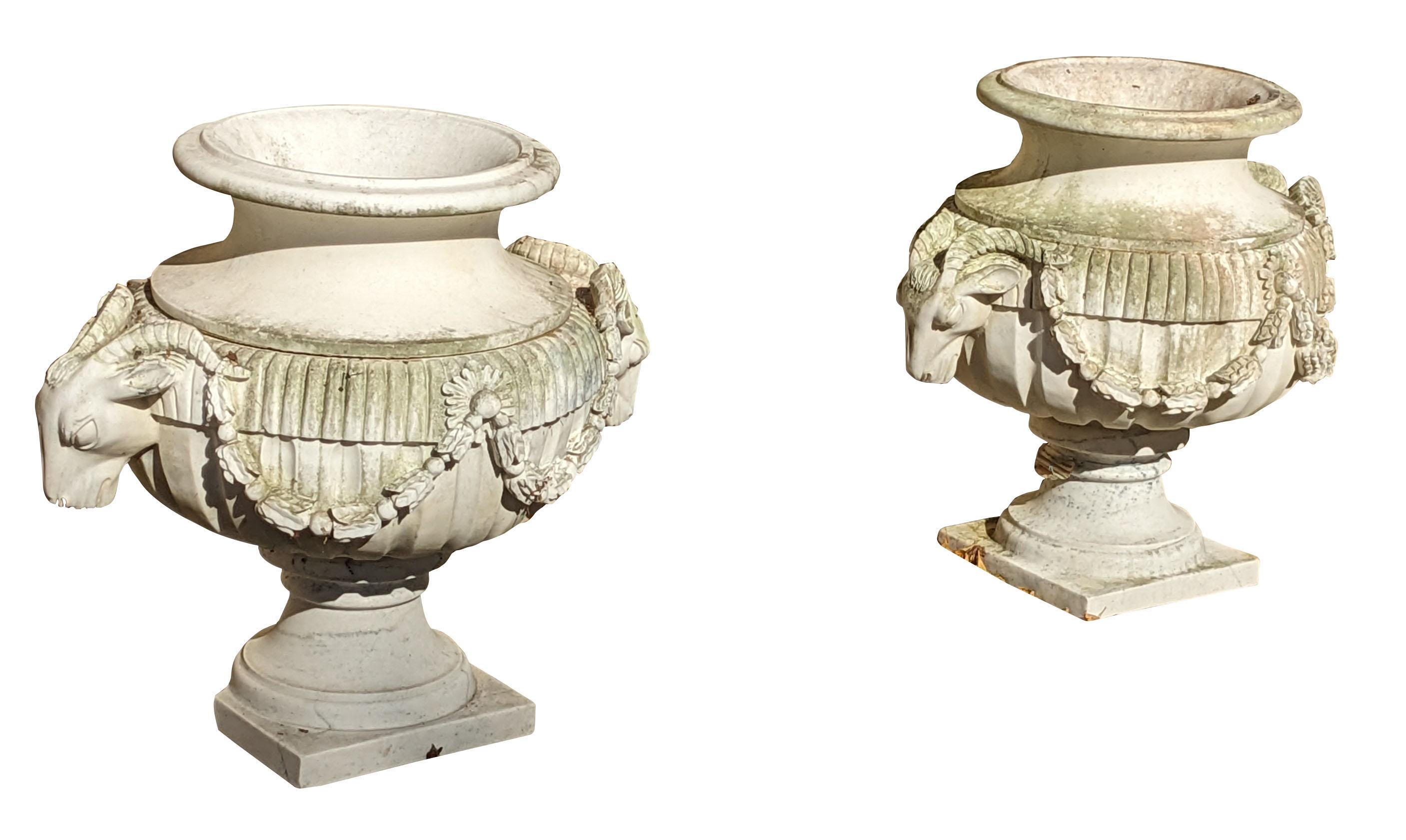 Neoclassical Revival 2 Monumental Italian Marble Figural Ram Goat Urns Jardinière Planter Cache Pot