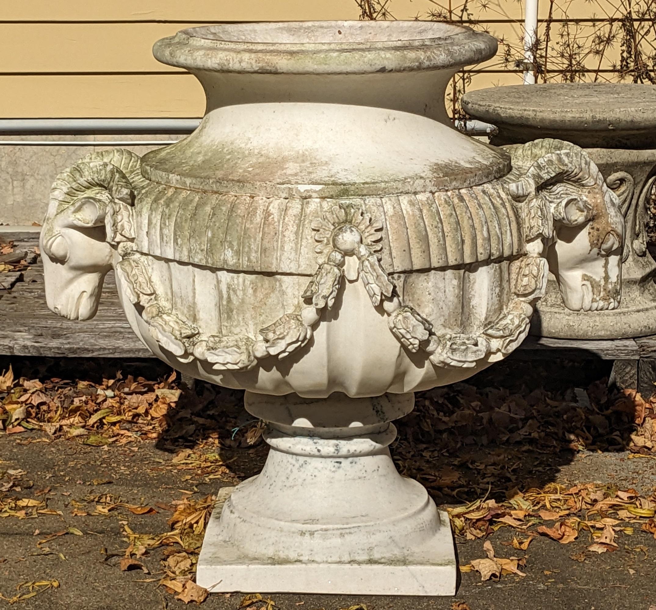 20th Century 2 Monumental Italian Marble Figural Ram Goat Urns Jardinière Planter Cache Pot