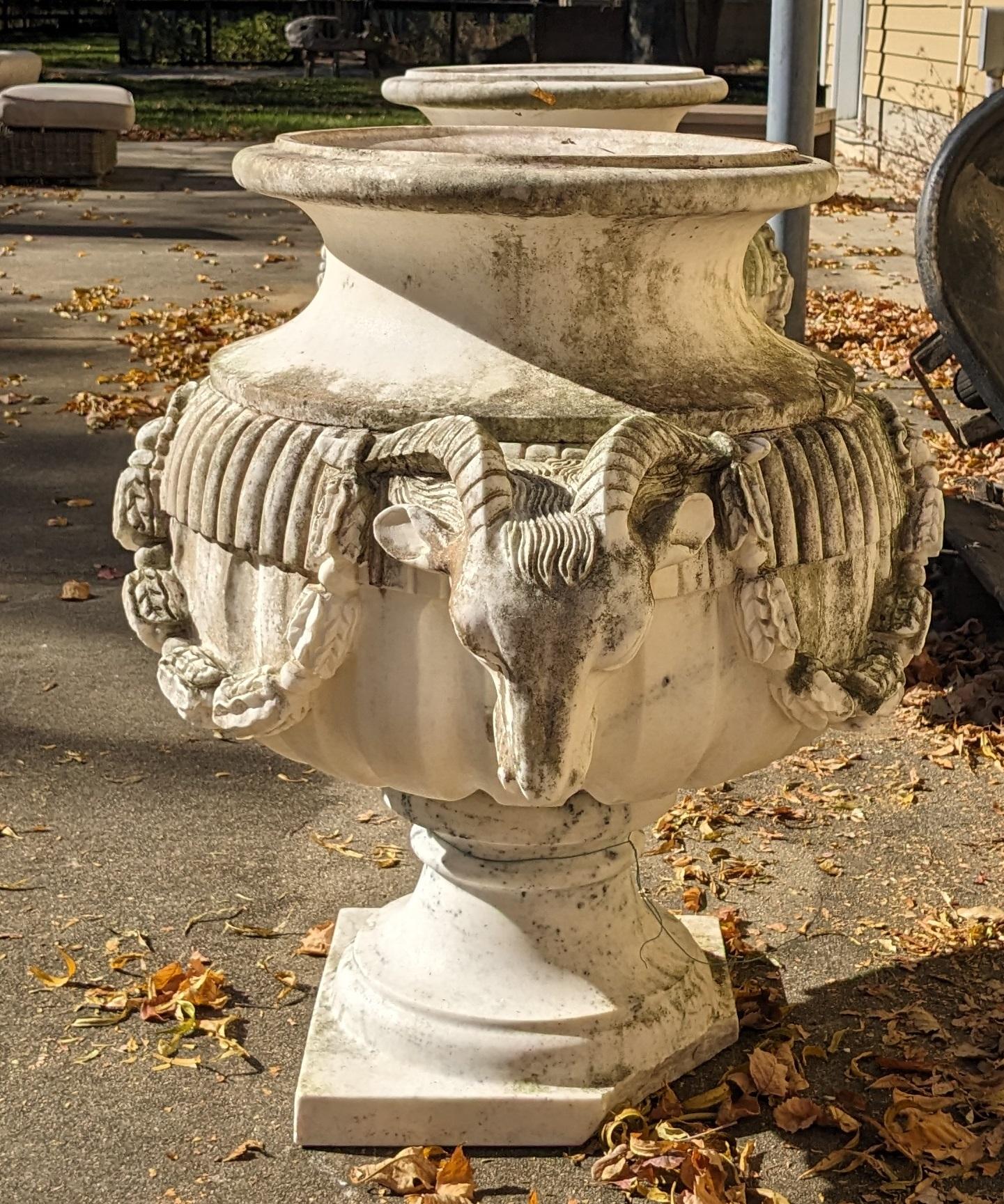 2 Monumental Italian Marble Figural Ram Goat Urns Jardinière Planter Cache Pot 1