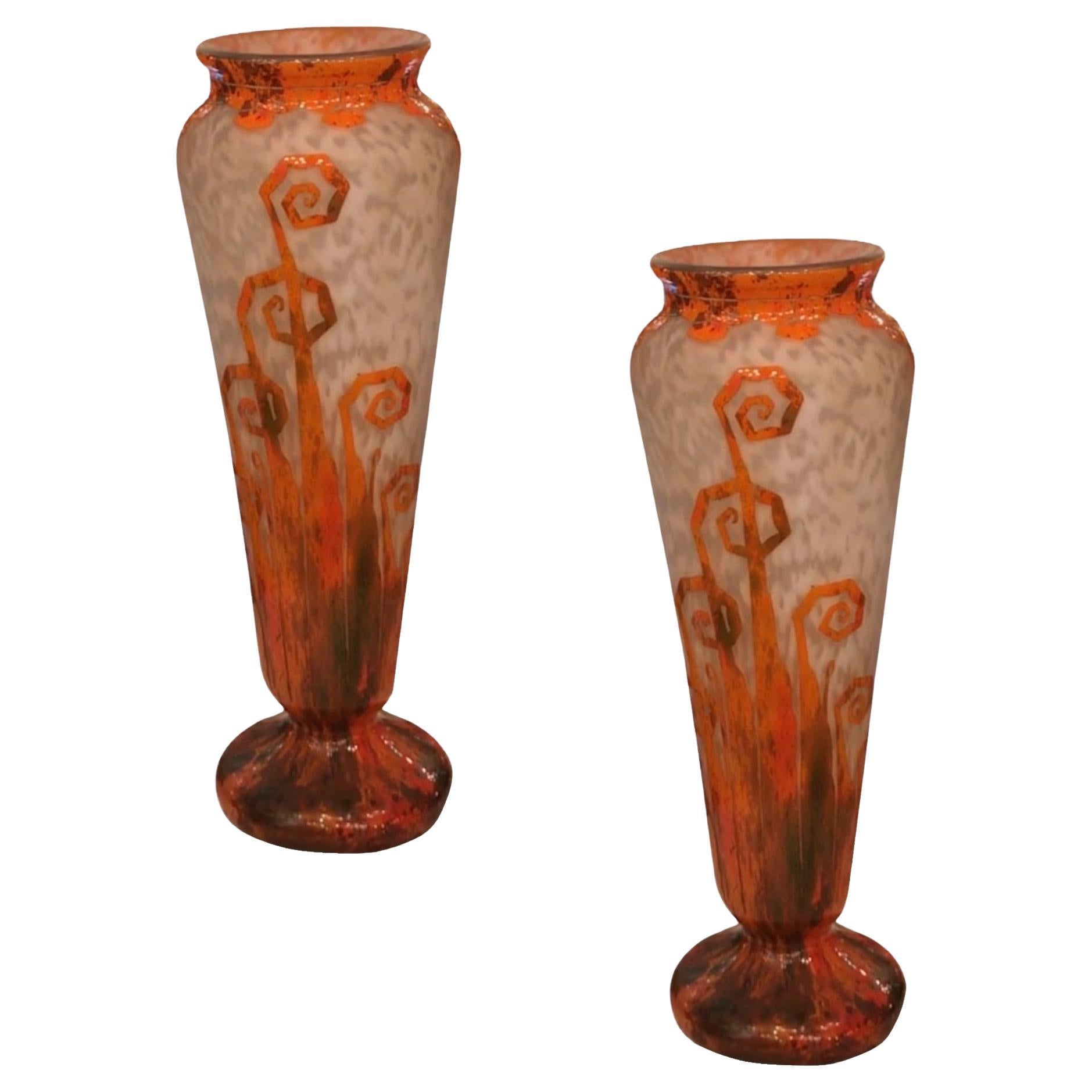 2 Monumetal Vases , Sign: Charder, Le Verre Francais ( Ferns Decoration ) For Sale