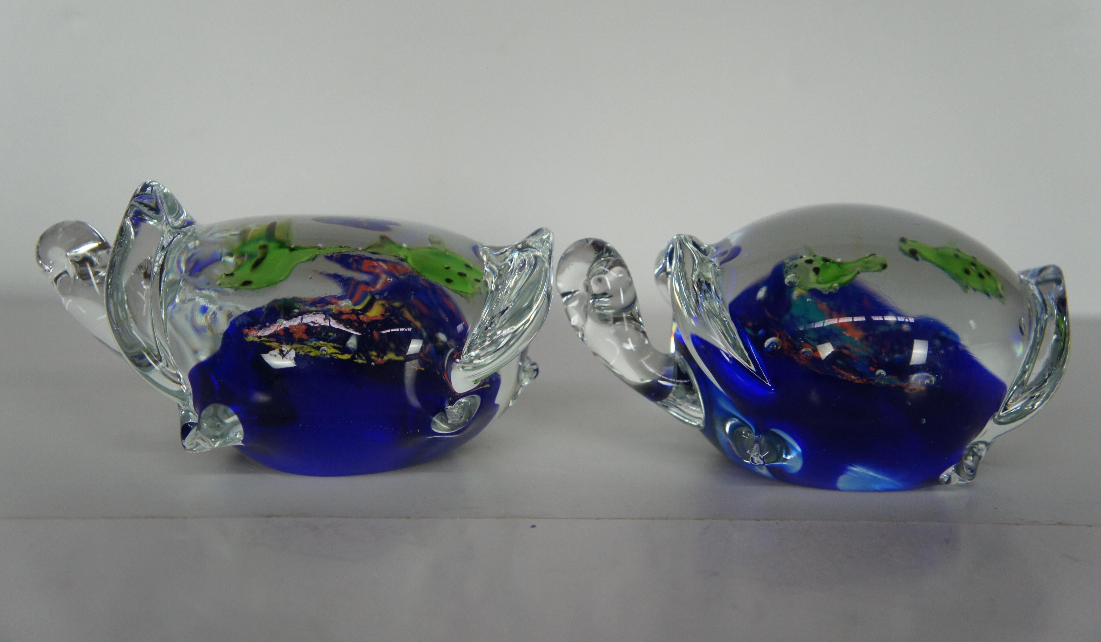20th Century 2 Murano Italian Art Glass Sea Turtle Aquarium Figurines Paperweights Pair For Sale