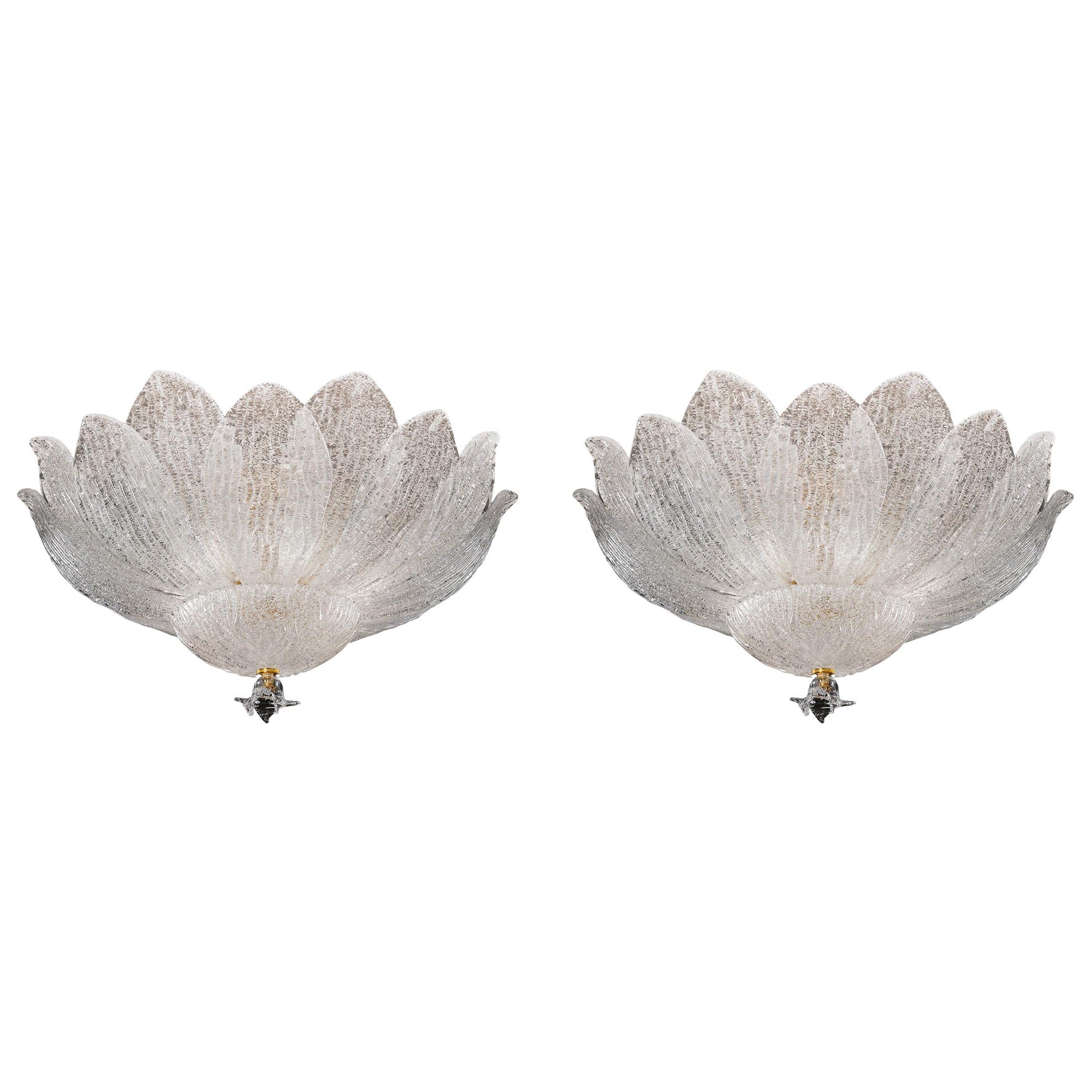 2 Murano or Venetian Dew Glass, Floral Form, Flush Mount Chandeliers, Lalique