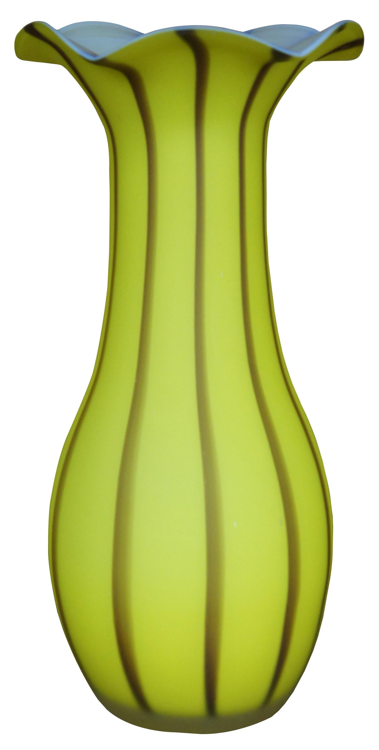 Modern 2 Murano Studio Art Glass Ruffled Satin Mantel Vase Pair Yellow Brown Striped 12 For Sale