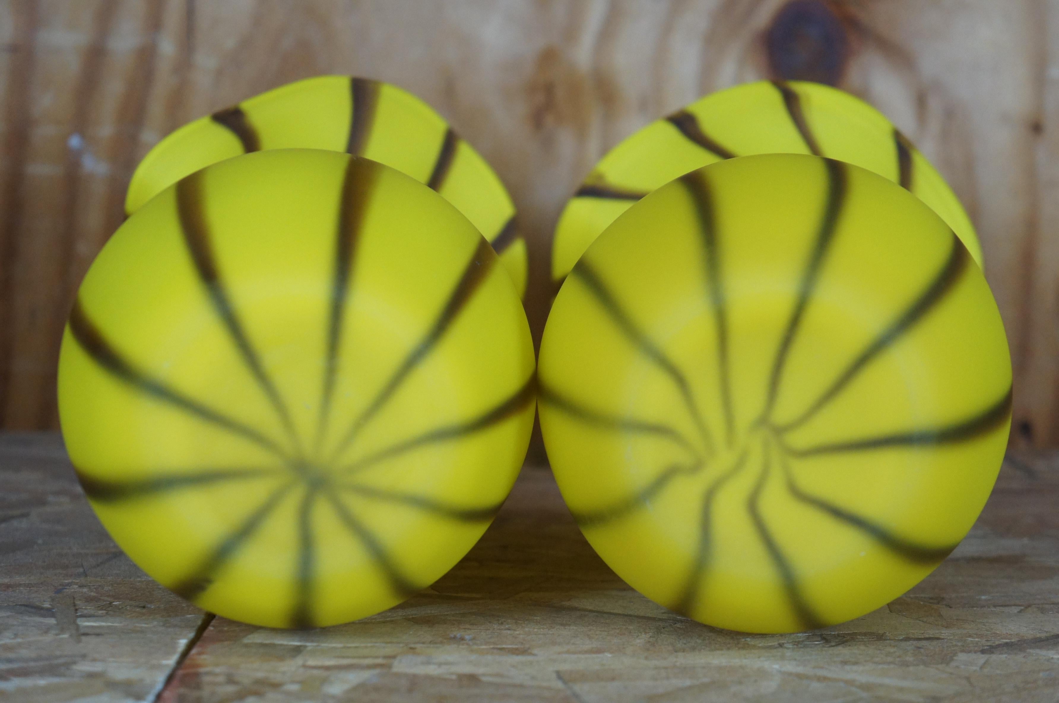 2 Murano Studio Art Glass Ruffled Satin Mantel Vase Pair Yellow Brown Striped 12 For Sale 1