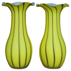 2 Murano Studio Art Glass Ruffled Satin Mantel Vase Pair Yellow Brown Striped