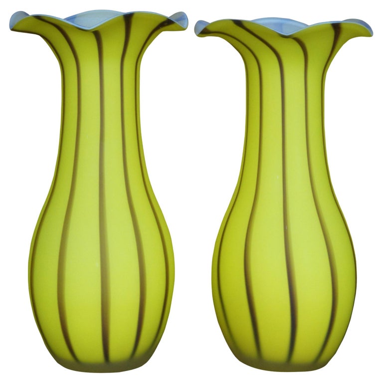 2 Murano Studio Art Glass Ruffled Satin Mantel Vase Pair Yellow Brown