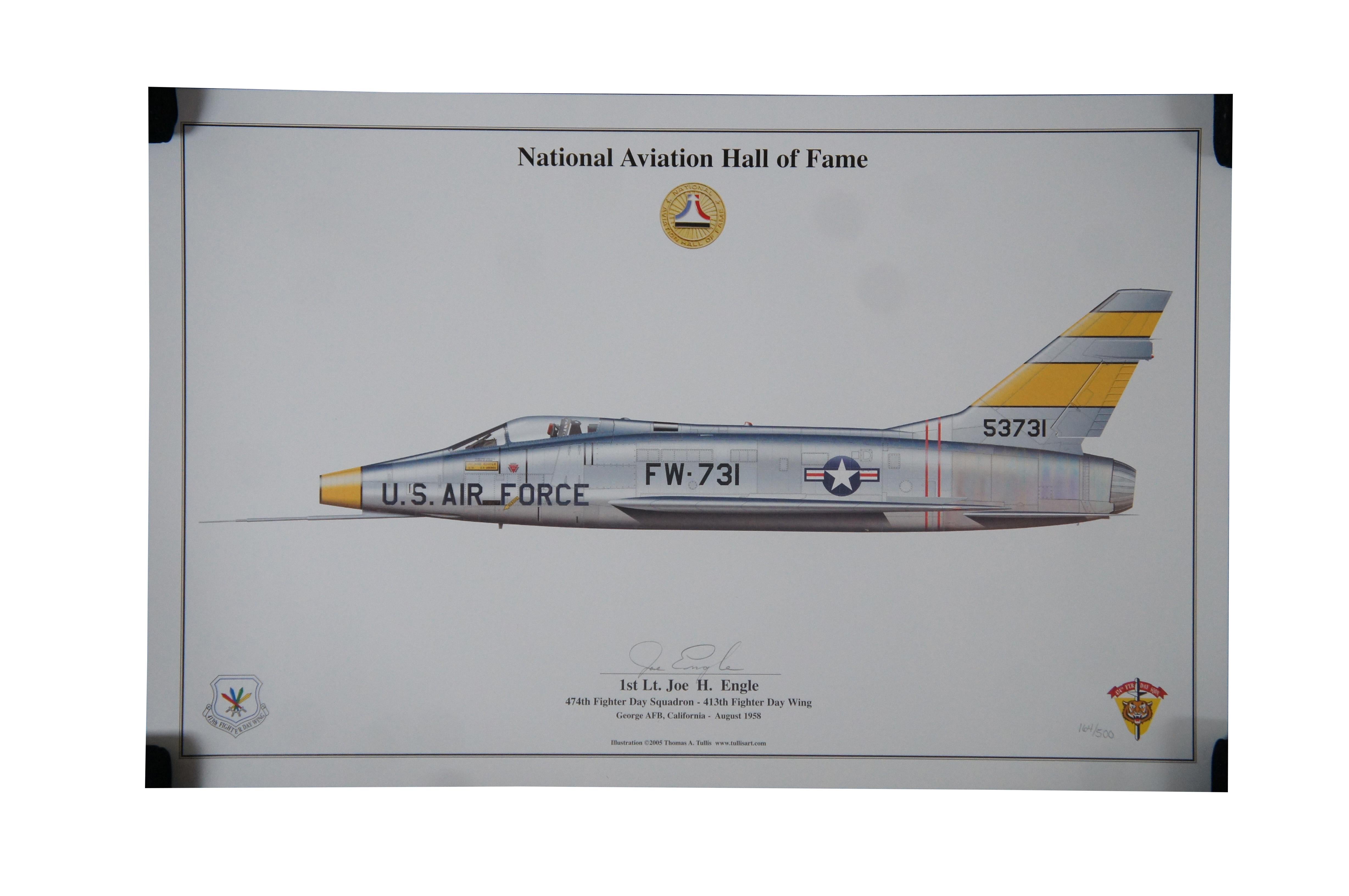 Two National Aviation Hall of Fame signed poster prints by Thomas Tullis.  Features a US Air Force FW 731, and United States Columbia NASA Space Shuttle.  Both signed by Joe Engle.  

Dimensions: 
17