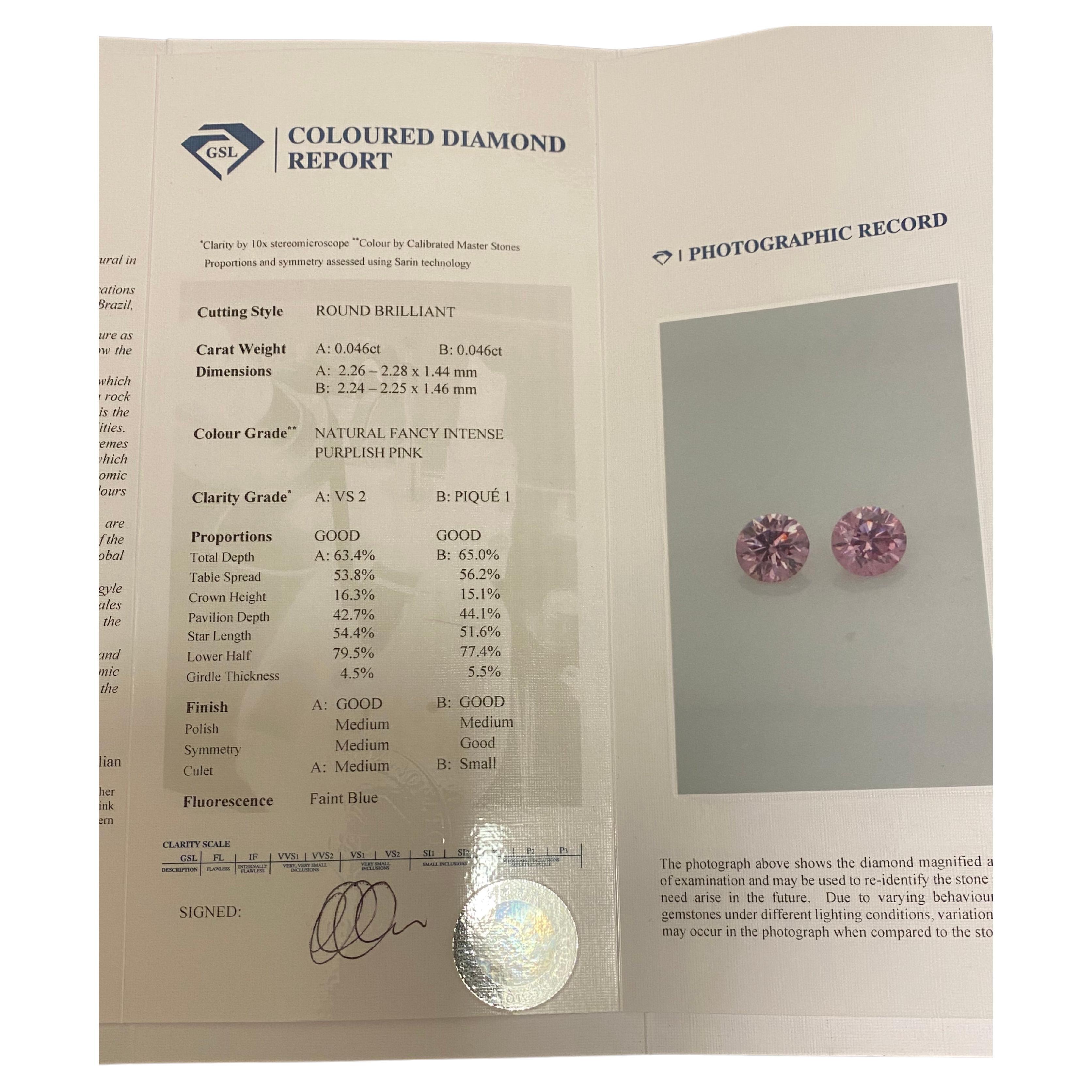 2 Natural Argyle Fancy Purplish Pink Loose Diamonds: 0.046ct x 2. GSL Certified