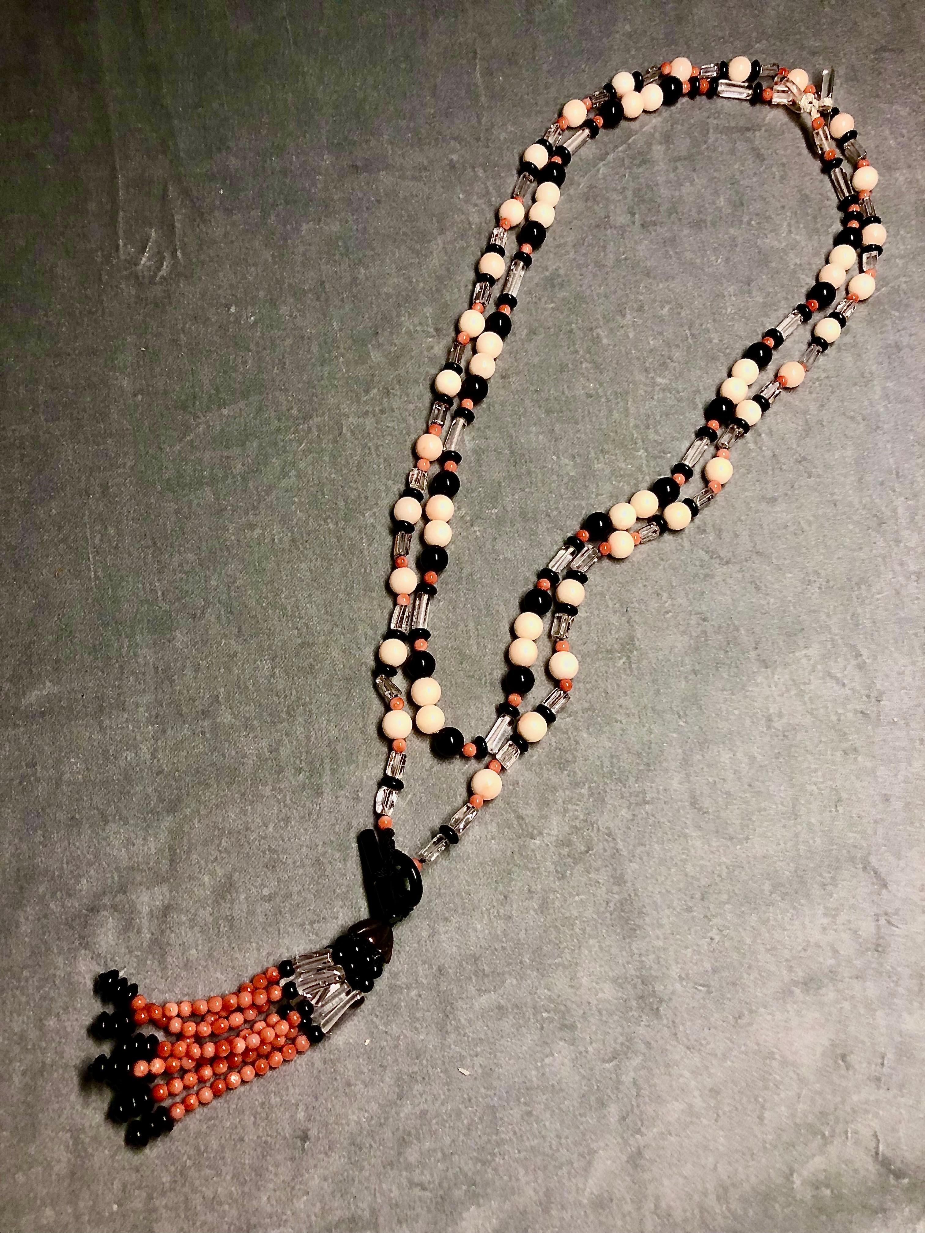 Art Deco 2 Necklace: Red Orange Coral Beads, Black Onyx, Rock Crystal tubes w/ silver cap For Sale